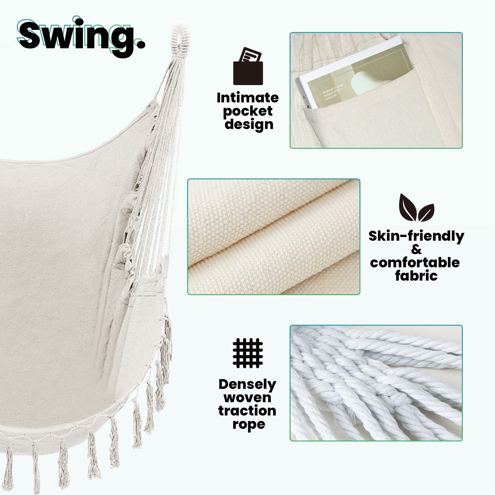 Swing.

- Intimate pocket design
- Skin-friendly & comfortable fabric
- Densely woven traction rope