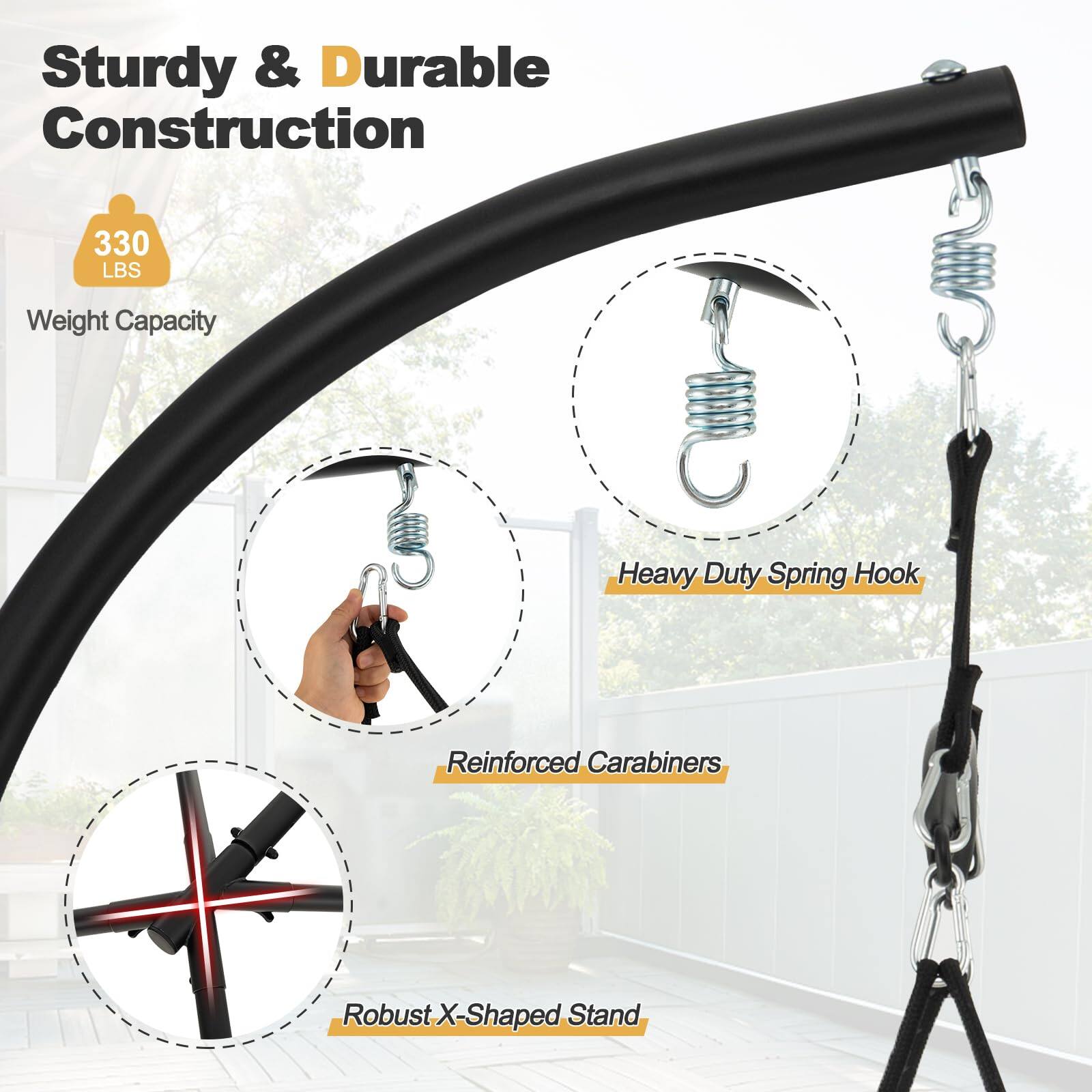 Sturdy & Durable Construction

- 330 LBS Weight Capacity
- Heavy Duty Spring Hook
- Reinforced Carabiners
- Robust X-Shaped Stand