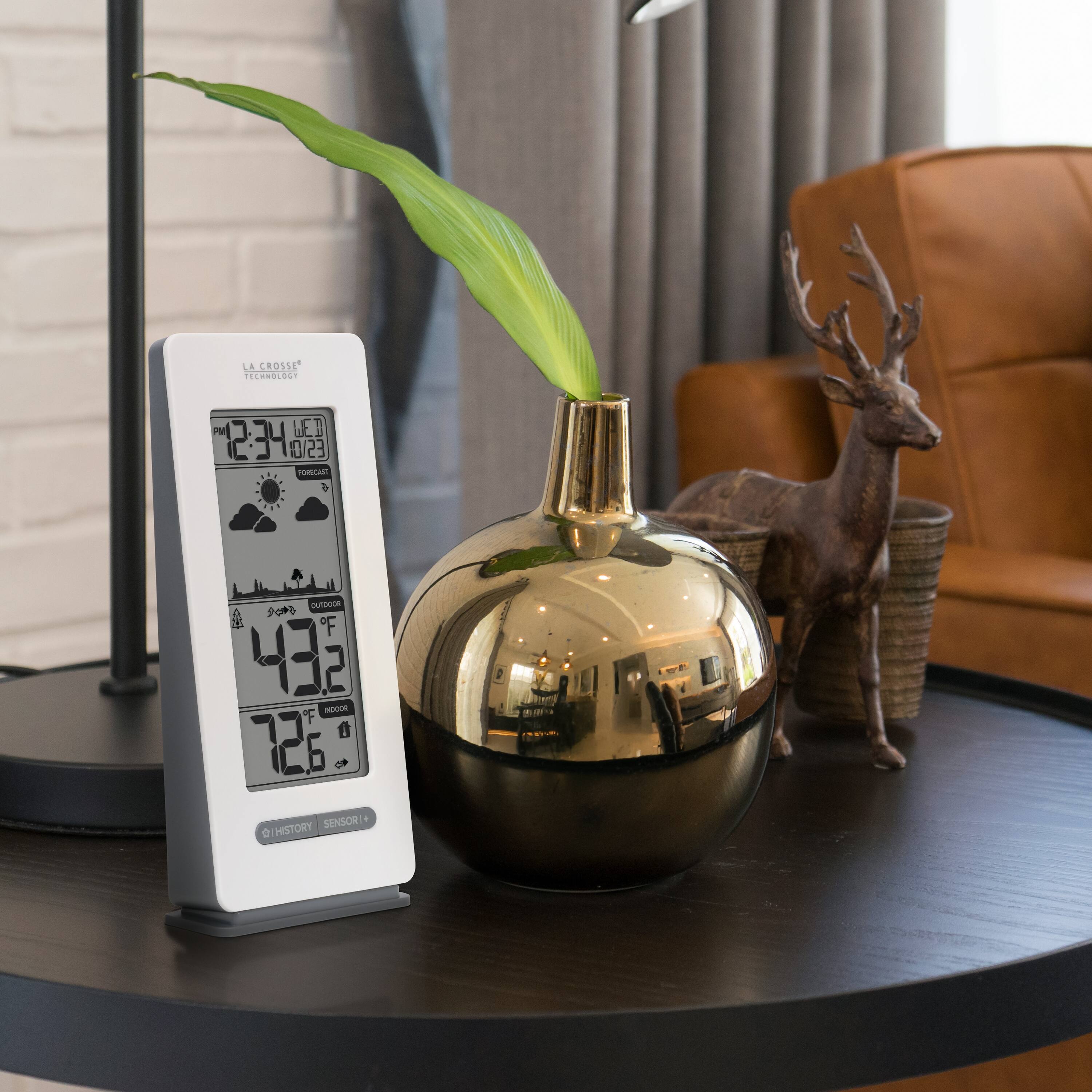 LA CROSSE TECHNOLOGY  
PM C3W 12:34 10/23 PORECAST  
OUTDOOR F 43.2 INDOOR F 0 12 HISTORY SENSORI