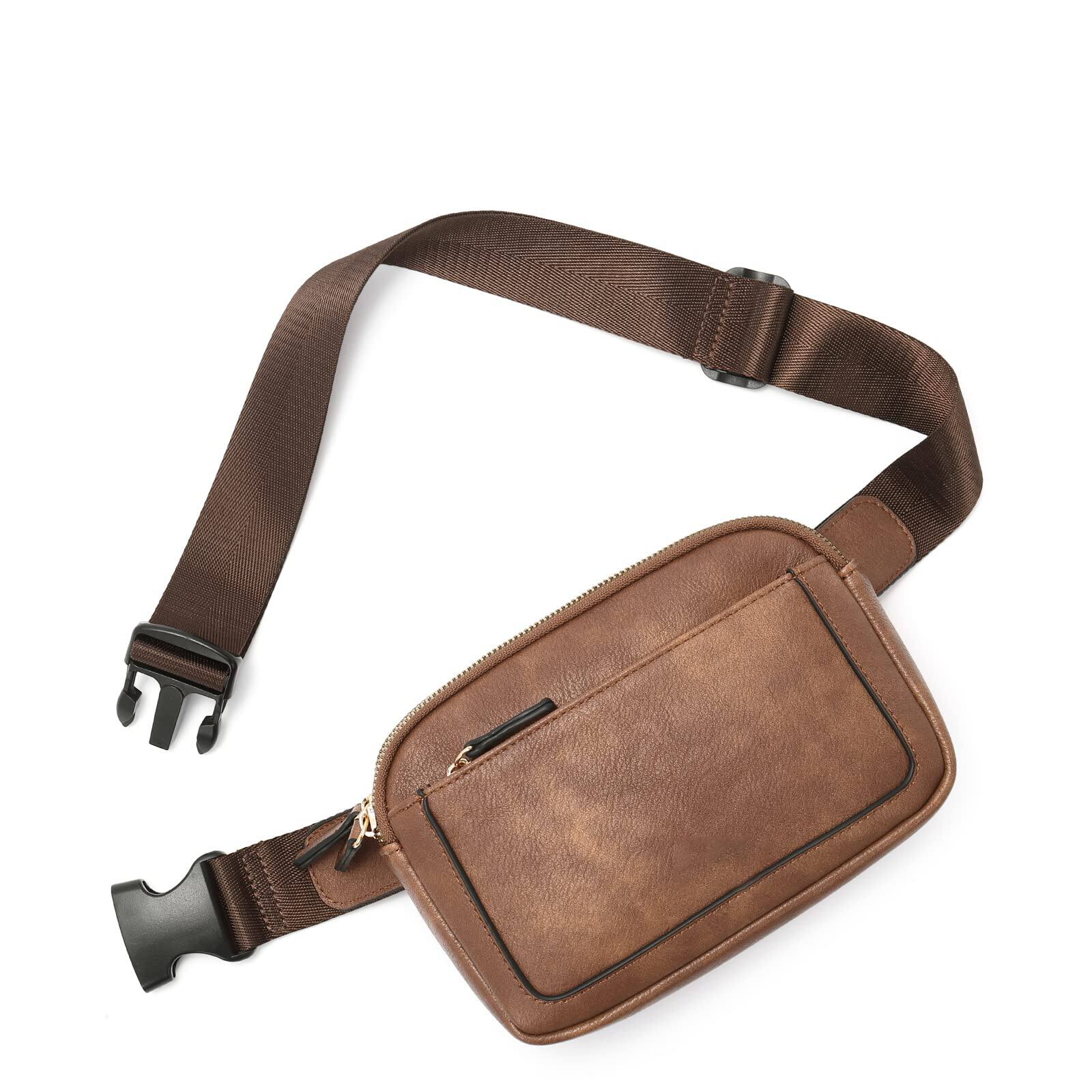 Front. Auledio - Fashion Waist Packs for Women Everywhere Belt Bag with 3 Zipper Pockets, Vegan Leather Waist Bag with Adjustable Strap - Brown.