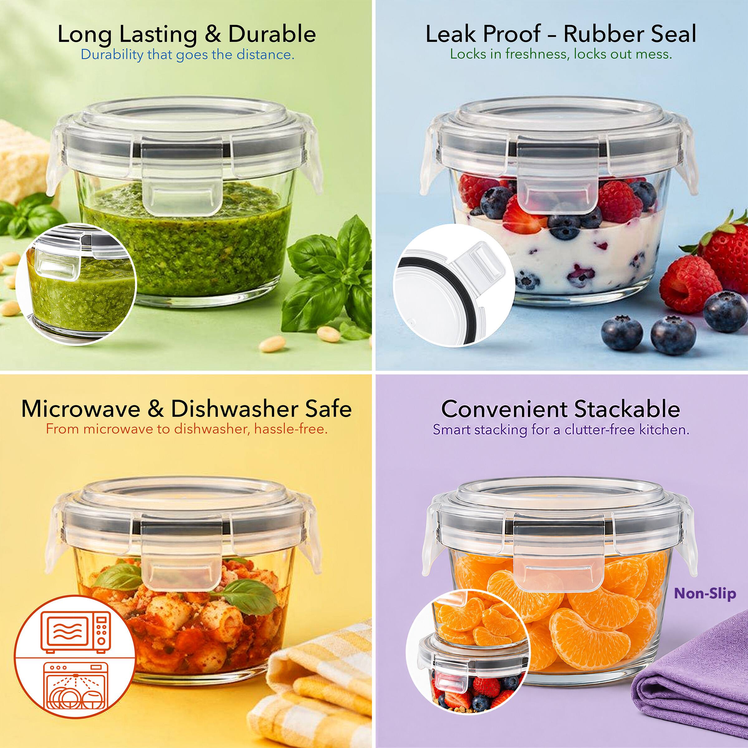 Long Lasting & Durable  
Durability that goes the distance.

Leak Proof - Rubber Seal  
Locks in freshness, locks out mess.

Microwave & Dishwasher Safe  
From microwave to dishwasher, hassle-free.

Convenient Stackable  
Smart stacking for a clutter-free kitchen.

Non-Slip