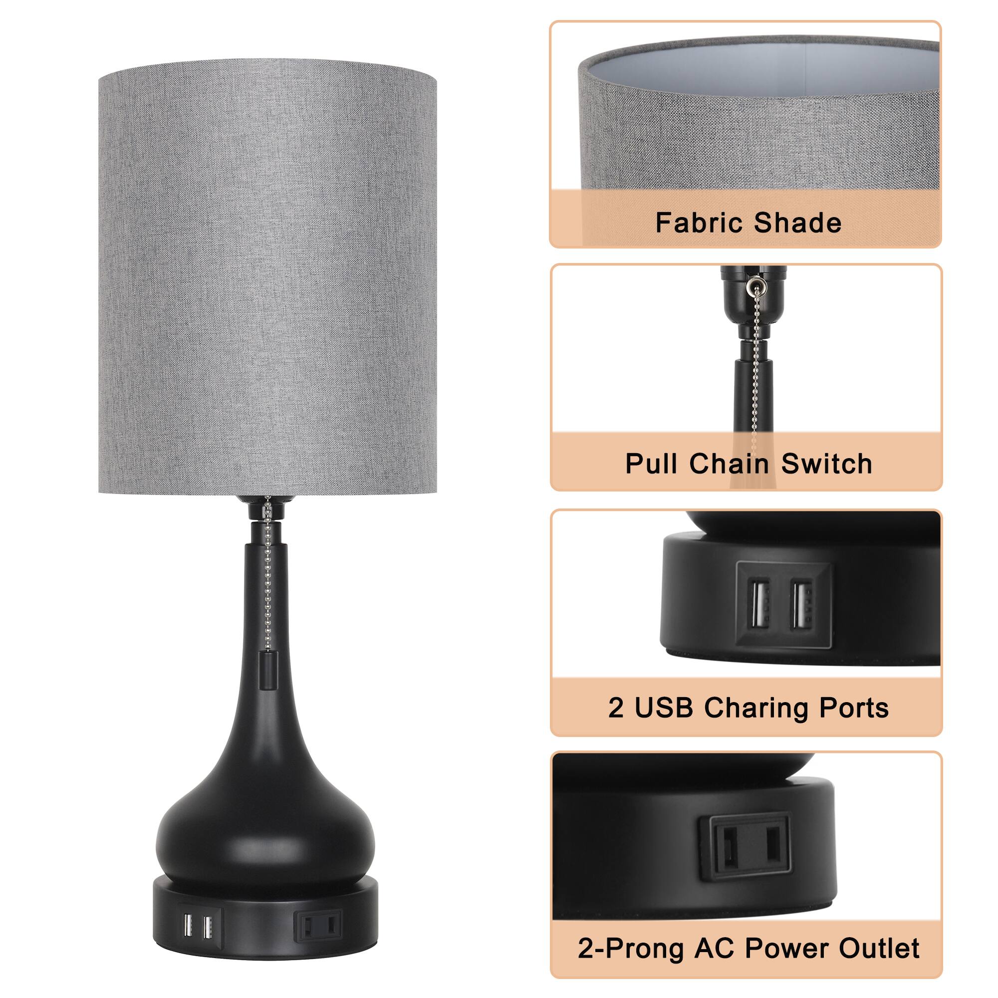 Fabric Shade  
Pull Chain Switch  
2 USB Charging Ports  
2-Prong AC Power Outlet