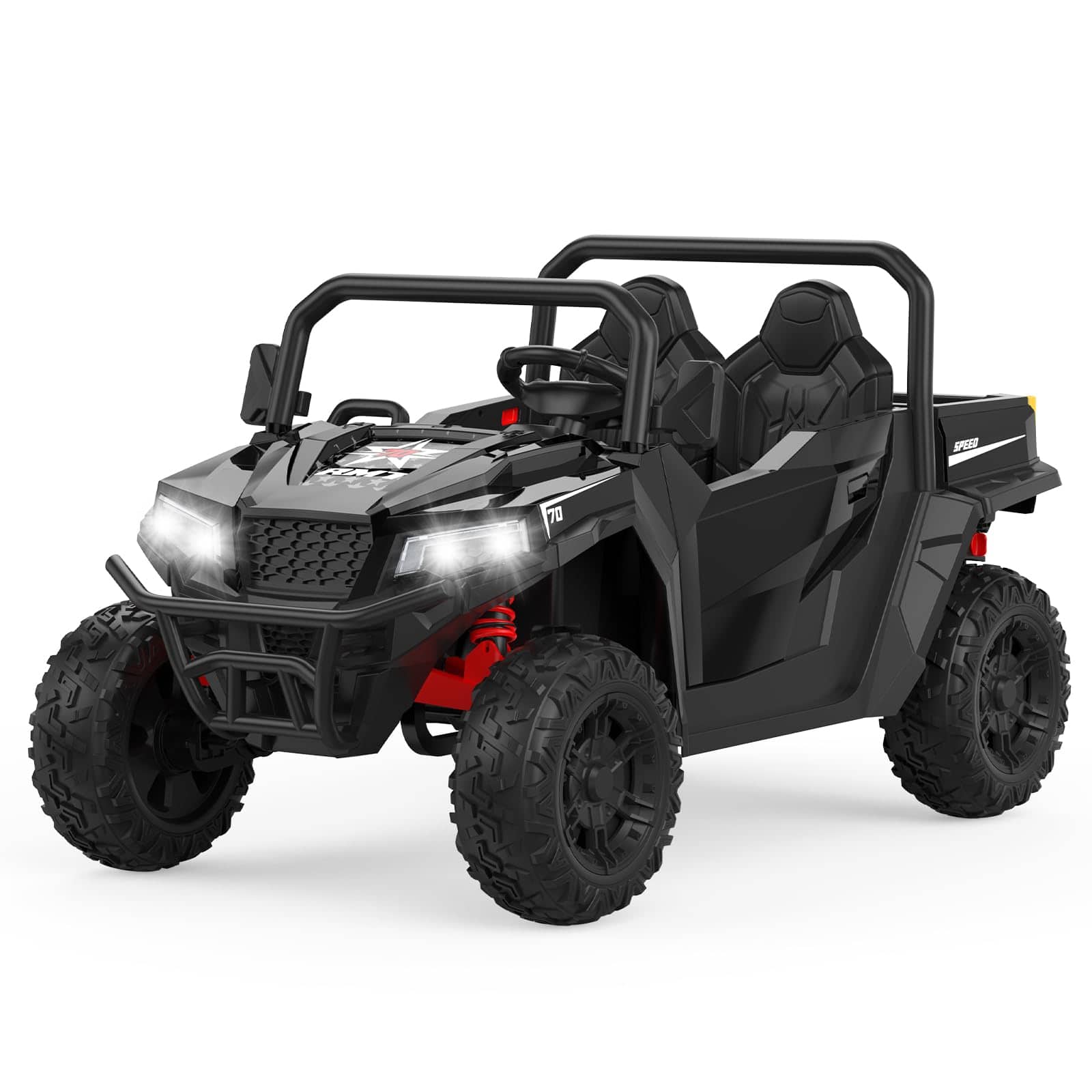 Front. GARVEE - 24V Electric Ride-On Dump Truck, 2-Seater 4WD Remote Control, Dump Bed, Shovel, LED Lights, Bluetooth - Black.
