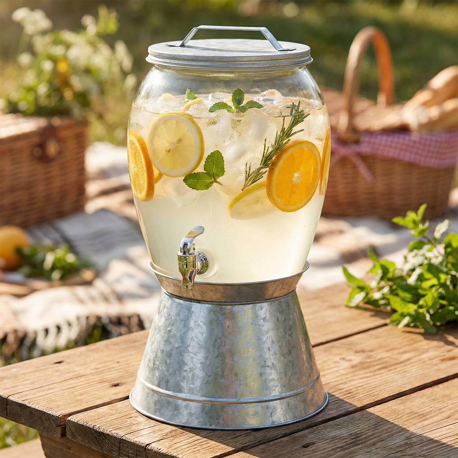 Left. Style Setter - Jaxon Beverage Dispenser with GALvanized Base & Lid 2 GAL - Clear.