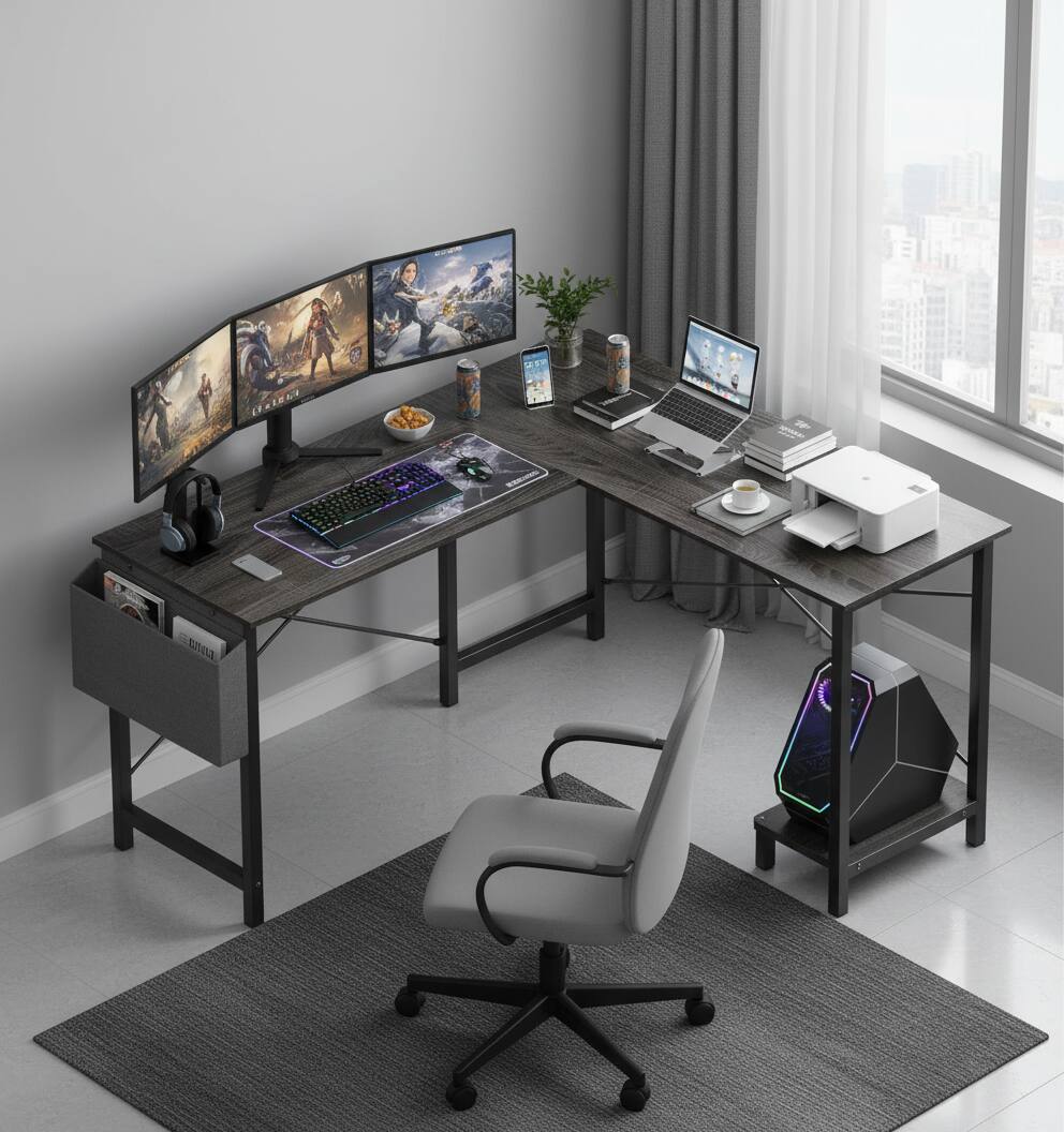 Alt View 4. AOITUN - L Shaped Gaming Desk, 50" Corner Computer Desk with CPU Stand & Storage Bag, Home Office Writing Workstation, Gray - Olive.