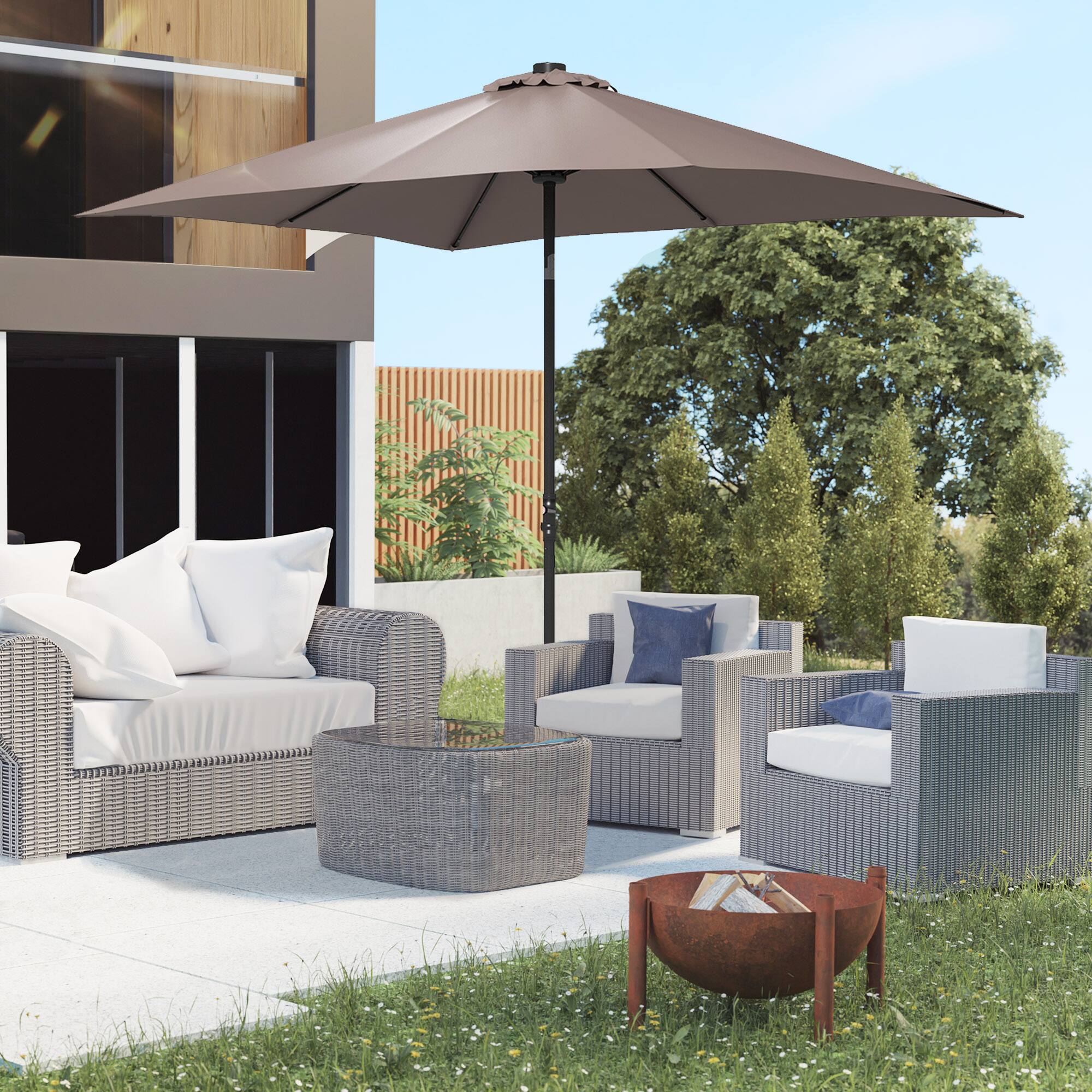 Angle. Outsunny - 9' x 7' Solar Umbrella, LED Lighted Patio Umbrella for Table or Base with Tilt & Crank, Outdoor Umbrella for Garden - Tan.