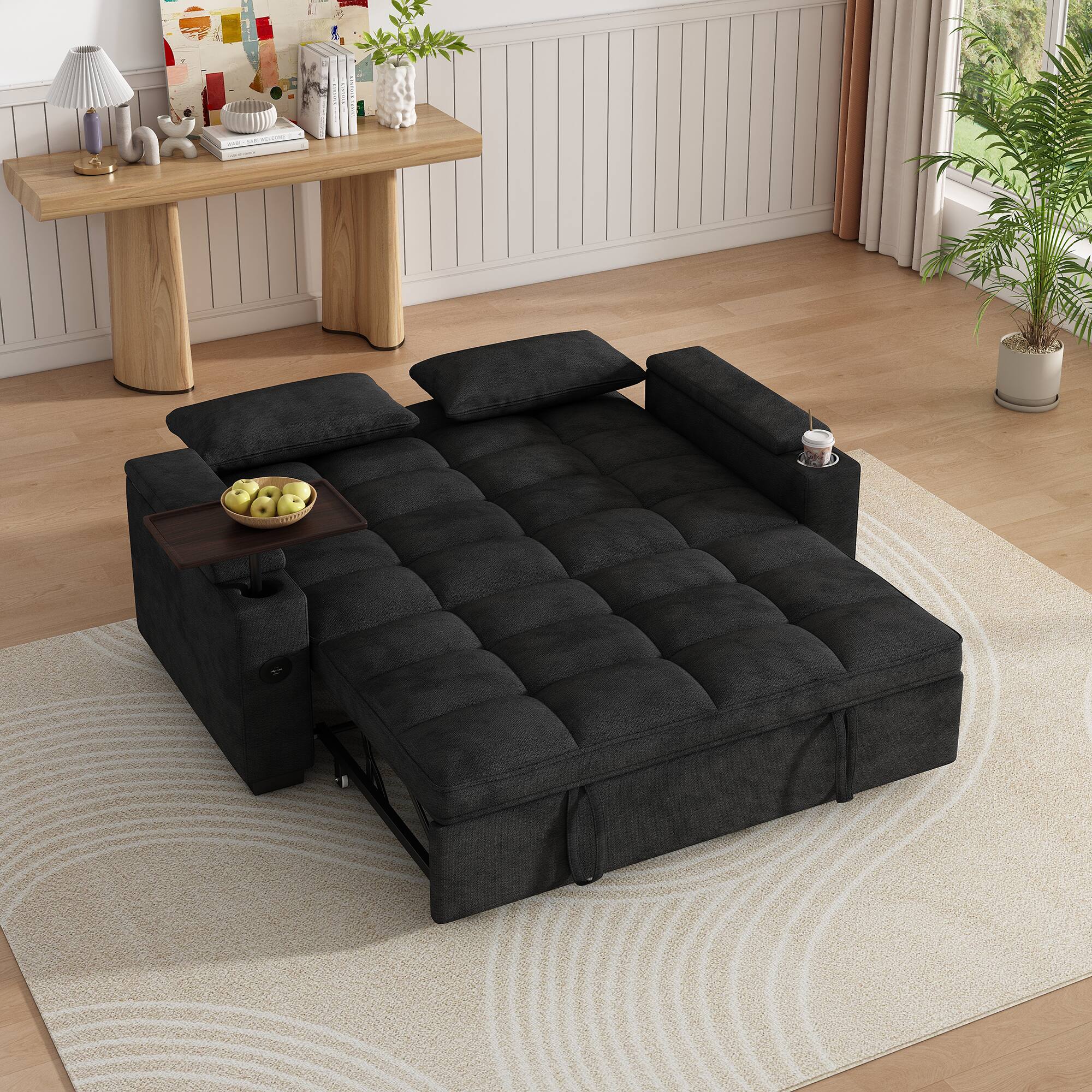 Angle. Anysun - 65" 3-in-1 Chenille Convertible Sofa Bed - Pullout Design with 90° Swivel Table, Easy Assembly for Living Room - Black.