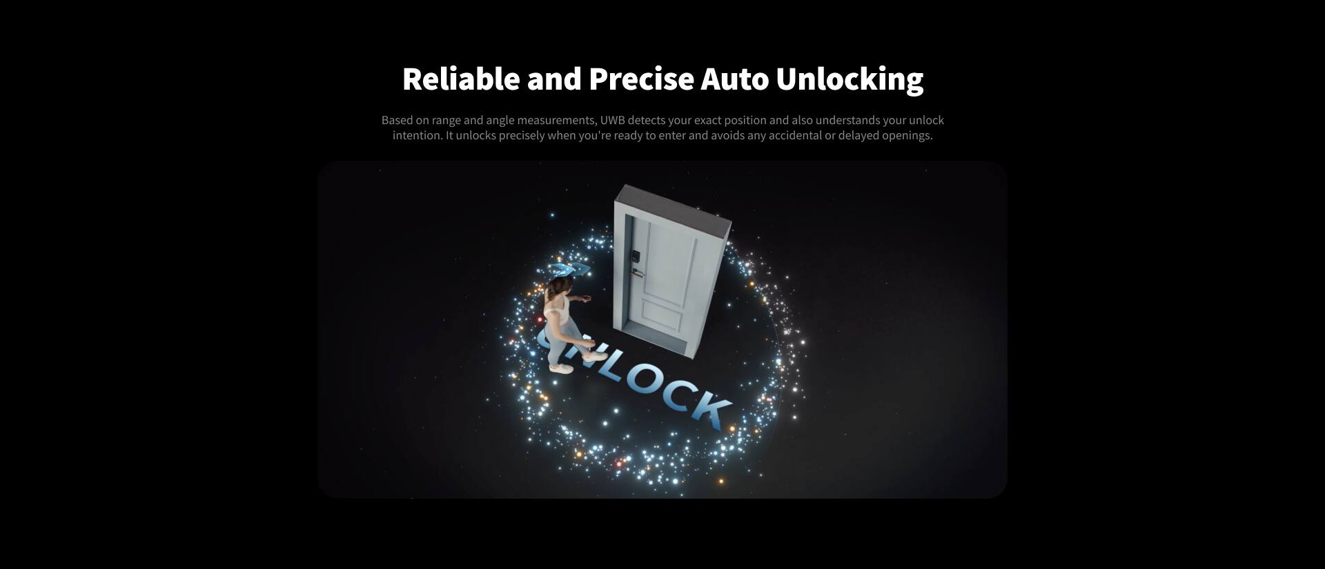 Reliable and Precise Auto Unlocking

Based on range and angle measurements, UWB detects your exact position and also understands your unlock intention. It unlocks precisely when you're ready to enter and avoids any accidental or delayed openings.