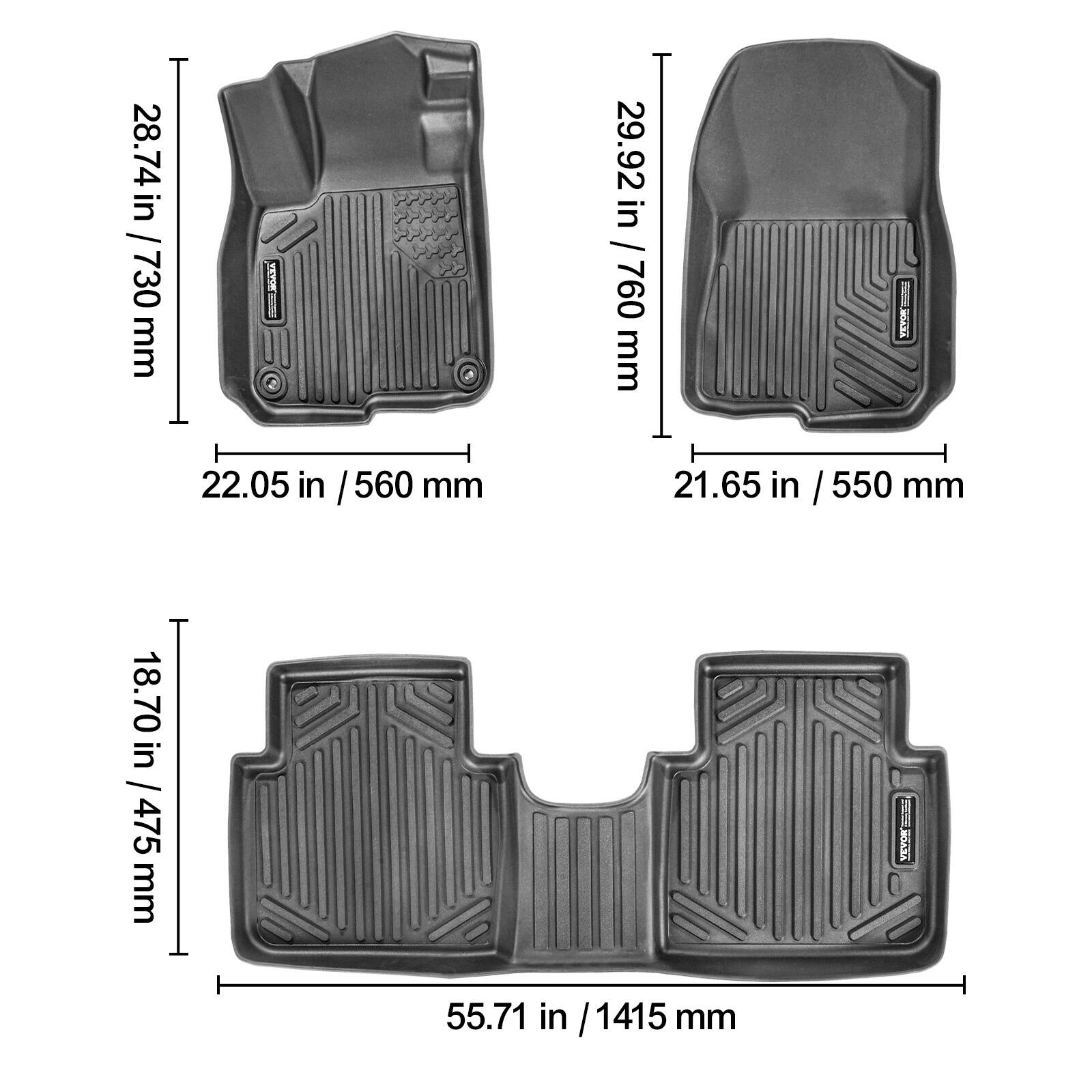 - 28.74 in / 730 mm
- 22.05 in / 560 mm

- 29.92 in / 760 mm
- 21.65 in / 550 mm

- 18.70 in / 475 mm
- 55.71 in / 1415 mm