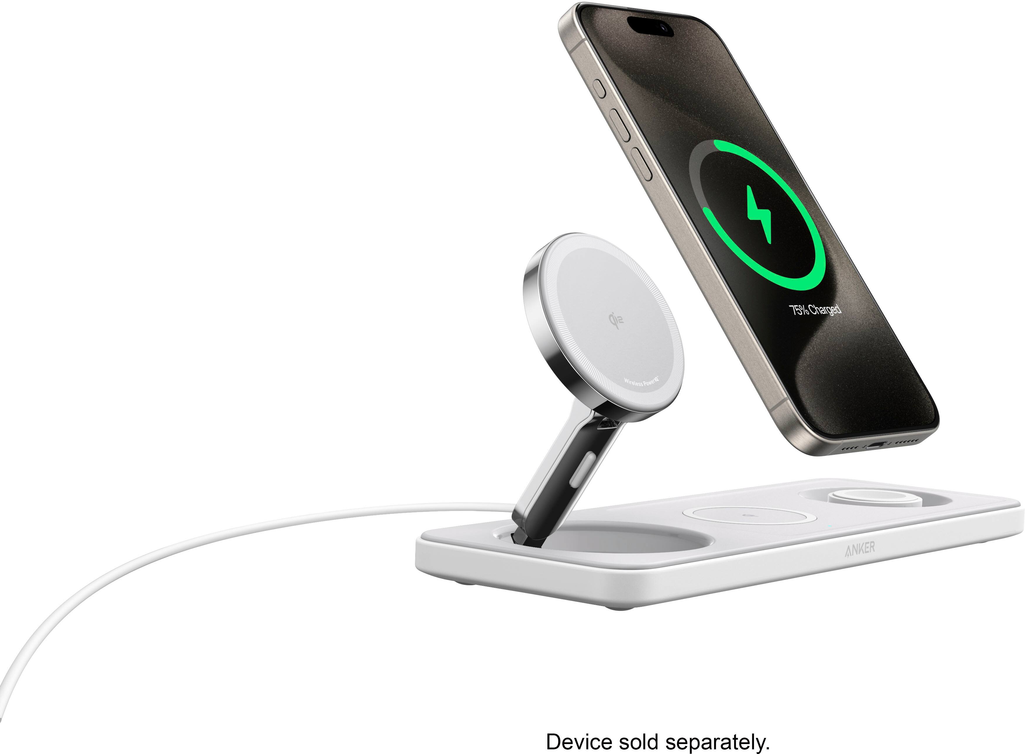 The text on the image reads: "Anker device sold separately." This suggests that the device, which is a smartphone, is not included with the charging station and must be purchased separately.