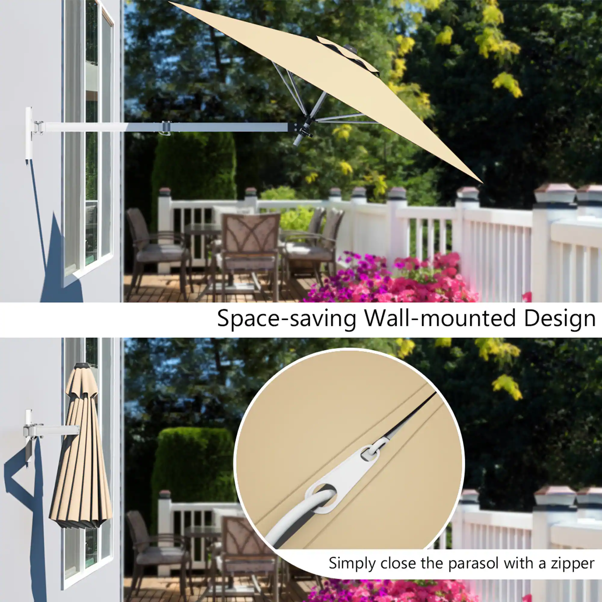 Space-saving Wall-mounted Design

Simply close the parasol with a zipper