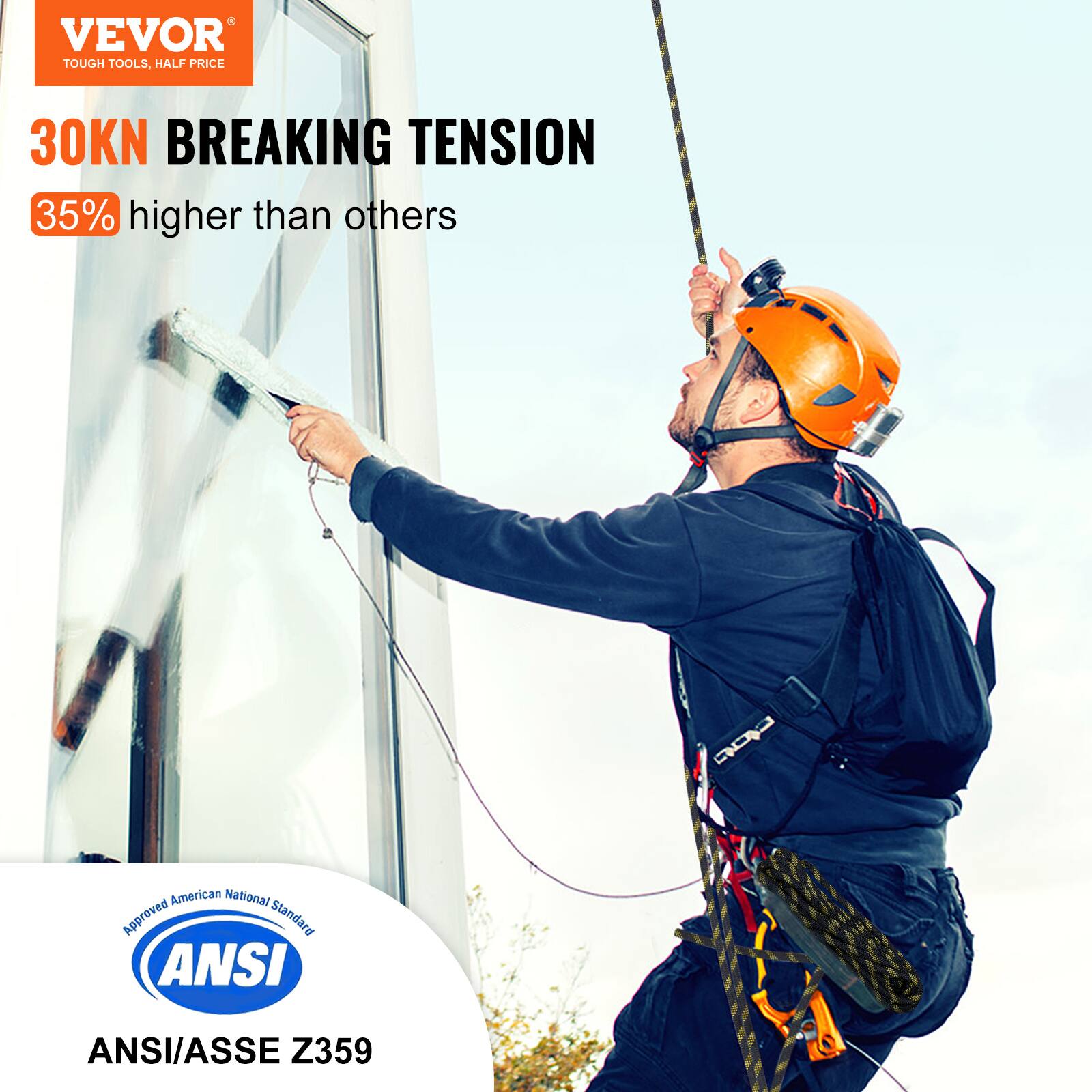 VEVOR  
TOUGH TOOLS, HALF PRICE  

30KN BREAKING TENSION  
35% higher than others  

Approved American National Standard  
ANSI/ASSE Z359