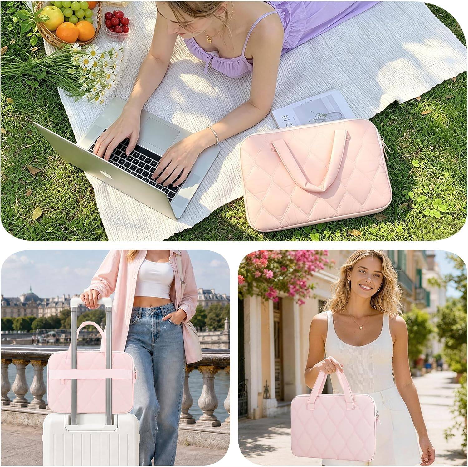 Alt View 4. Fintie - Sleeve Case for MacBook Neo 13 Inch, Air 13 Inch, Pro 13/14 Inch,Quilted Diamond Puffer Carrying Case with Luggage Strap - Blush Pink.