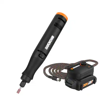 The image features a black motor brushi, which is a type of power tool. It is accompanied by a black and orange cord, which is likely used to connect the tool to a power source. The tool is designed for use in various crafting and DIY projects, and it is likely to be a popular choice for those who enjoy working with their hands. The image also includes the text "WORX" on the tool, indicating its brand.