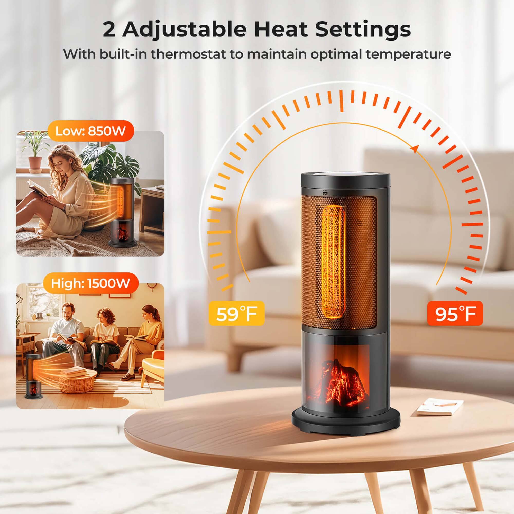 2 Adjustable Heat Settings  
With built-in thermostat to maintain optimal temperature  

Low: 850W  
High: 1500W  

59°F  
95°F