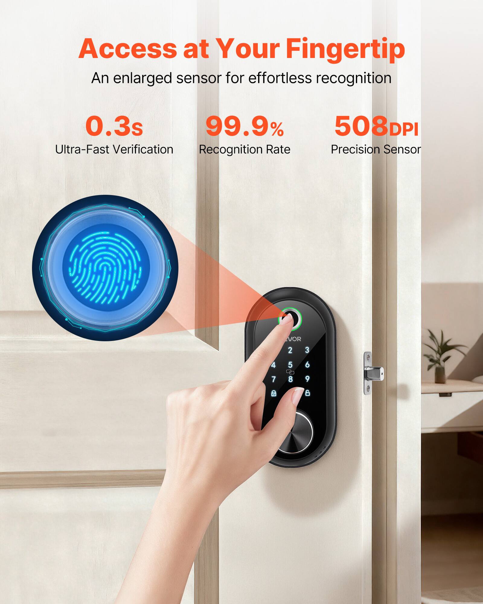 Access at Your Fingertip  
An enlarged sensor for effortless recognition  

0.3s  
Ultra-Fast Verification  

99.9%  
Recognition Rate  

508DPI  
Precision Sensor  

VOR  
2 3 4  
7 5 S  
8 6 9  
a B
