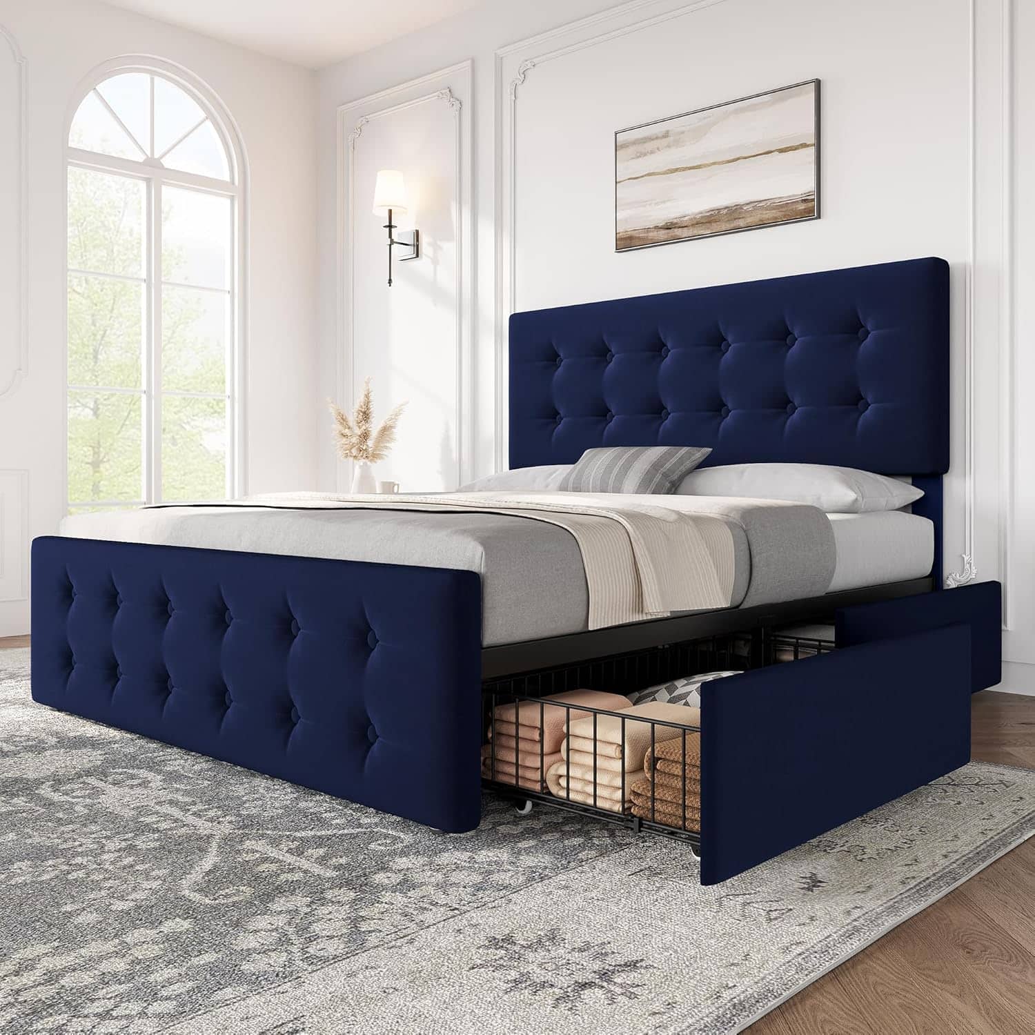 Babevy - Full/Queen/King Bed Frame with 4 Drawers & Adjustable Headboard, Faux Leather Upholstered Mattress Foundation - Blue-Velvet
