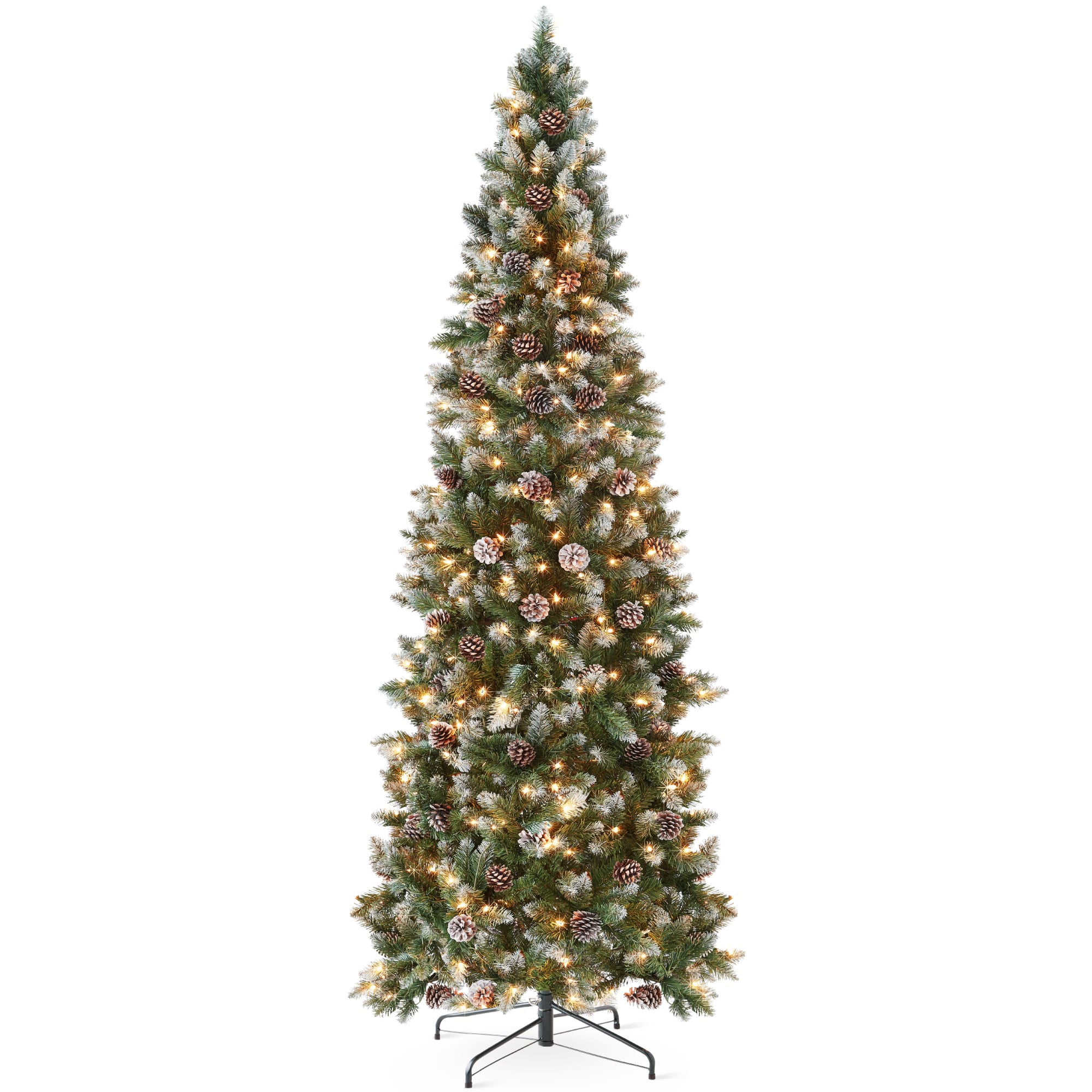 Best Choice Products - 12ft Pre-Lit Partially Flocked Pencil Christmas Tree w/ 700 Lights Pine Cones, Foldable Stand - Frosted Green Spruce