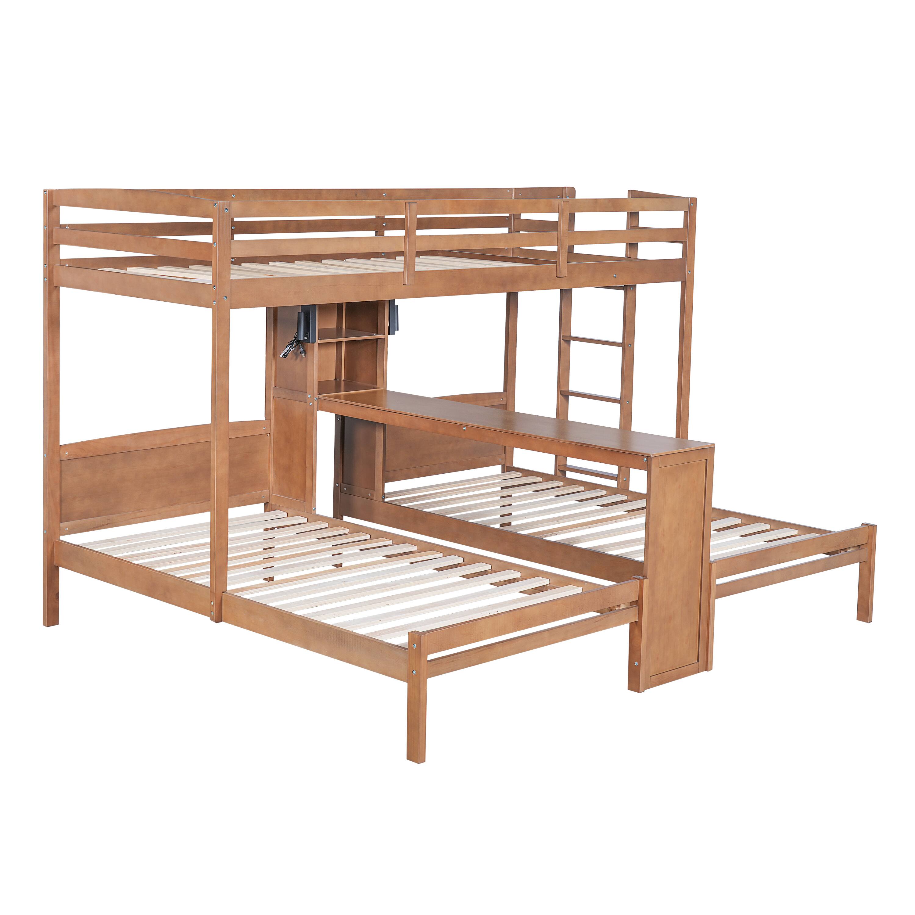 Angle. Whisen - Twin over Twin over Twin Bunk Bed with Built-in Desk, Storage Shelves and LED Reading Lamp - Natural.