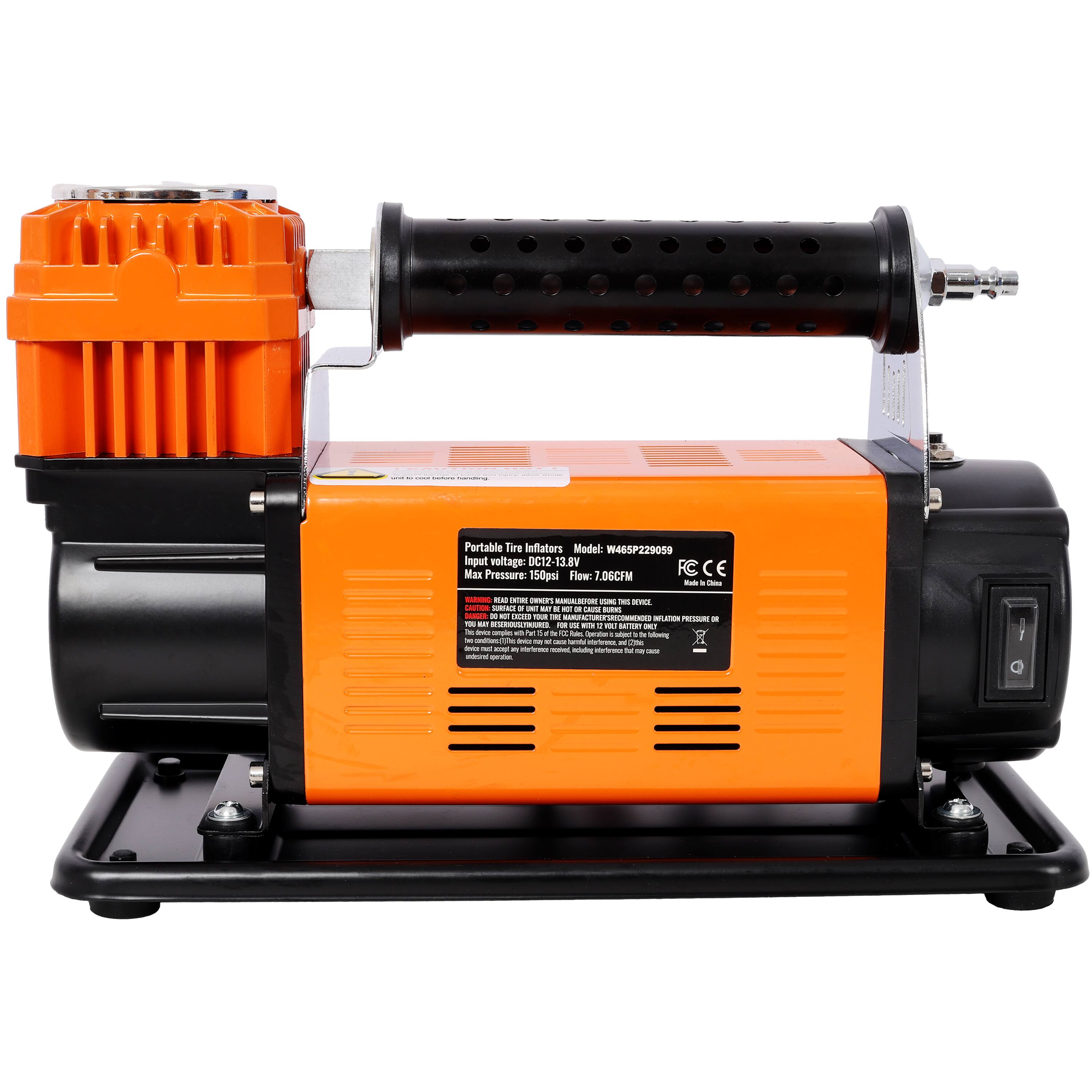 Portable Tire Inflator  
Model: W465P229059  
Input Voltage: DC12-13.8V  
Max Pressure: 150psi  
Flow: 7.06CFM  
Power: 100W  
FC CE  
Made in China  

Portable Tire Inflator  
Model: W465P229059  
Input Voltage: DC12-13.8V  
Max Pressure: 150psi  
Flow: 7.06CFM  
Power: 100W  
FC CE  
Made in China