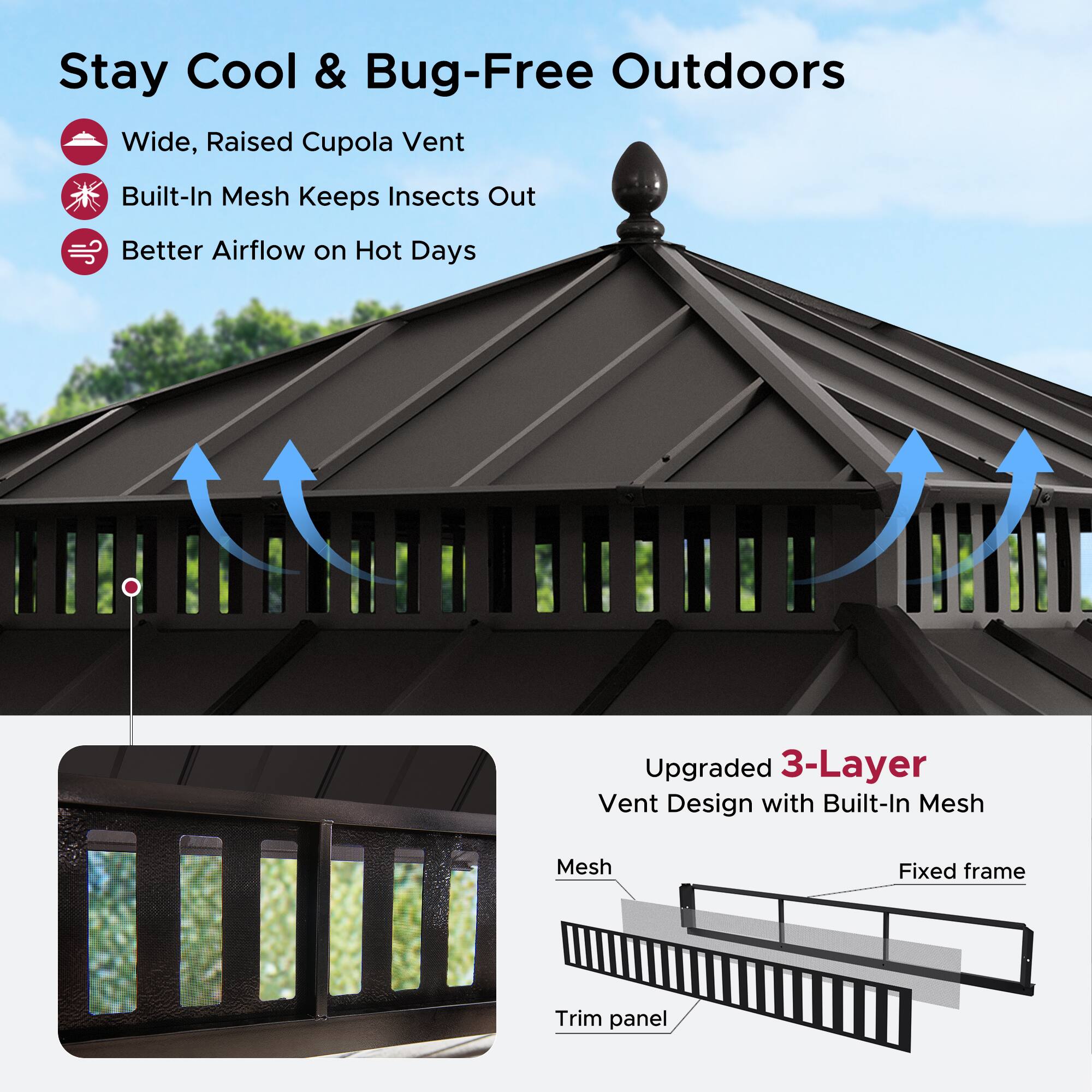 Stay Cool & Bug-Free Outdoors

- Wide, Raised Cupola Vent
- Built-In Mesh Keeps Insects Out
- Better Airflow on Hot Days

Upgraded 3-Layer Vent Design with Built-In Mesh

- Mesh
- Fixed frame
- Trim panel