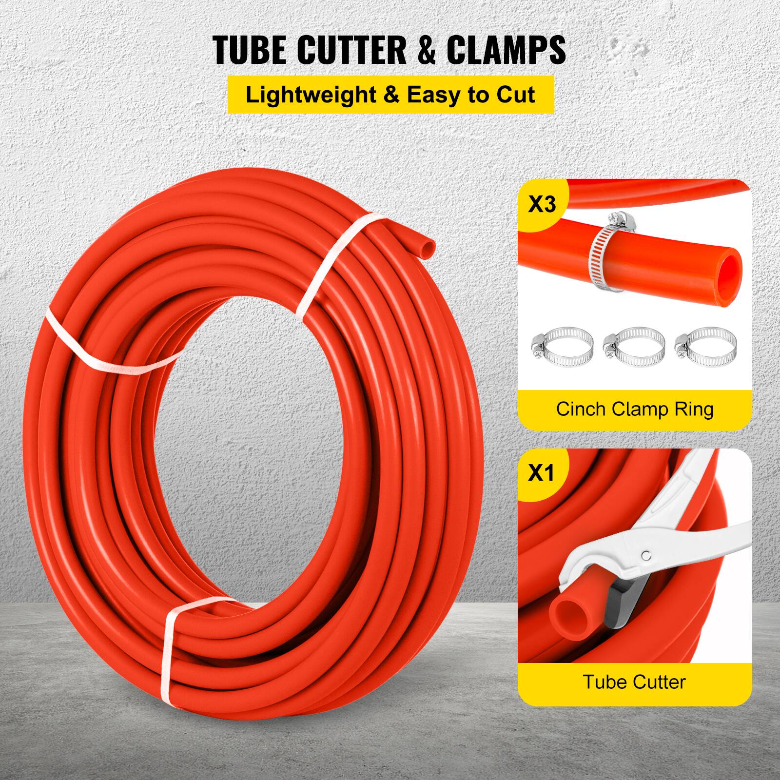 TUBE CUTTER & CLAMPS  
Lightweight & Easy to Cut  

X3 Cinch Clamp Ring  
X1 Tube Cutter