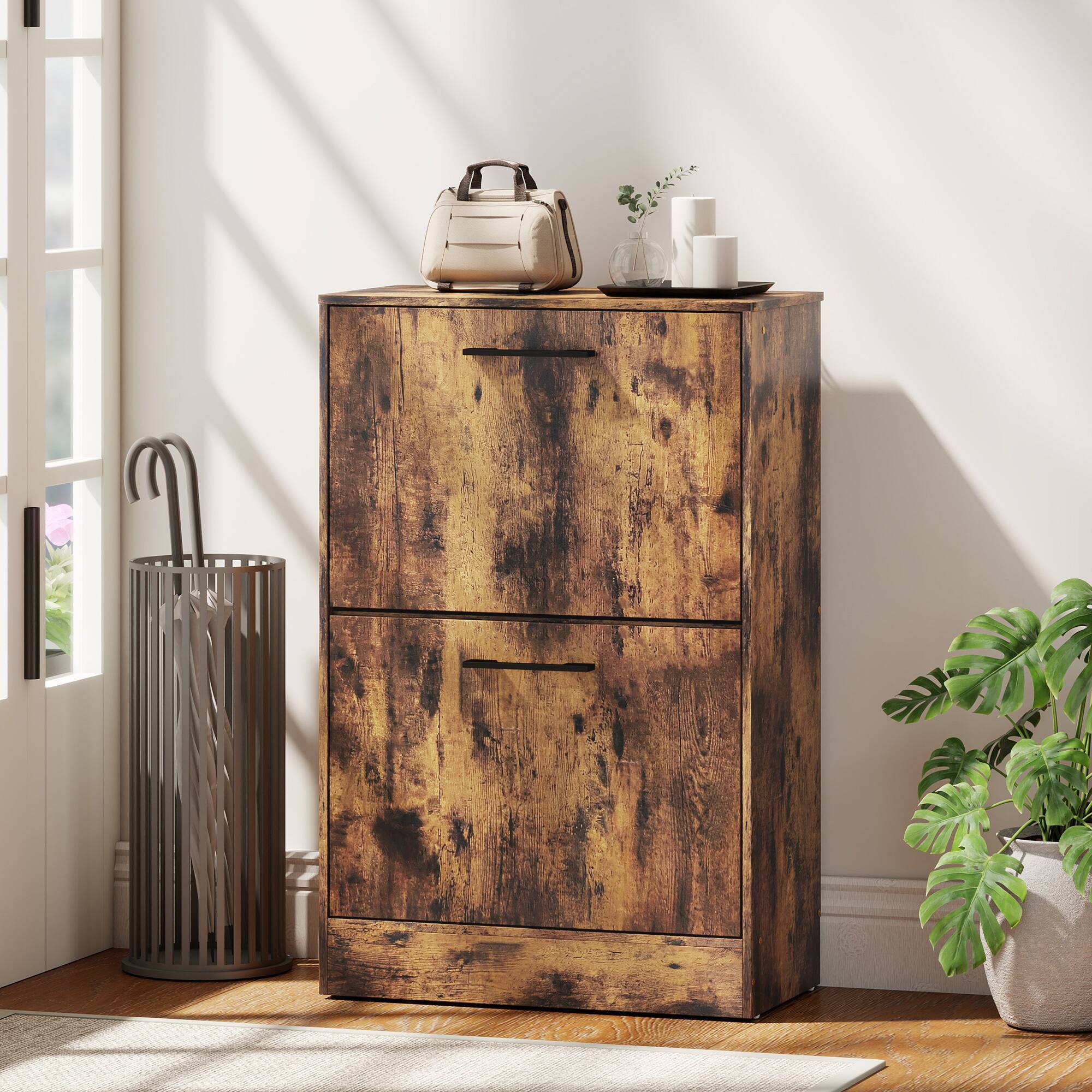 Alt View 1. Homcom - Cabinet 2 Flip Drawers Narrow Shoe Storage Unit Adjustable Dividers Entryway Hallway Rustic - Rustic Brown.