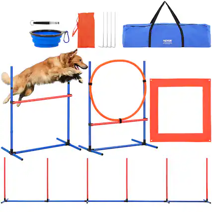 Front. VEVOR - Dog Agility Training Equipment, 4 PCS Set with Adjustable High Hurdles,6 Weave Poles,Jump Ring,Square Pause Box,Whistle - Blue,Red,Orange.