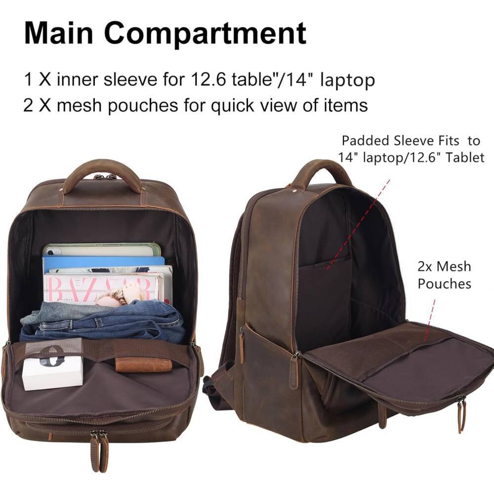 Main Compartment

1 X inner sleeve for 12.6 table"/14" laptop  
2 X mesh pouches for quick view of items  

Padded Sleeve Fits to 14" laptop/12.6" Tablet  

2x Mesh Pouches