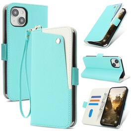 Dteck - for Apple iPhone 15 Slim Flip Wallet Case+Wrist Strap,PU Leather Card Slot Kickstand Magnetic Closure Shockproof Cover - Green