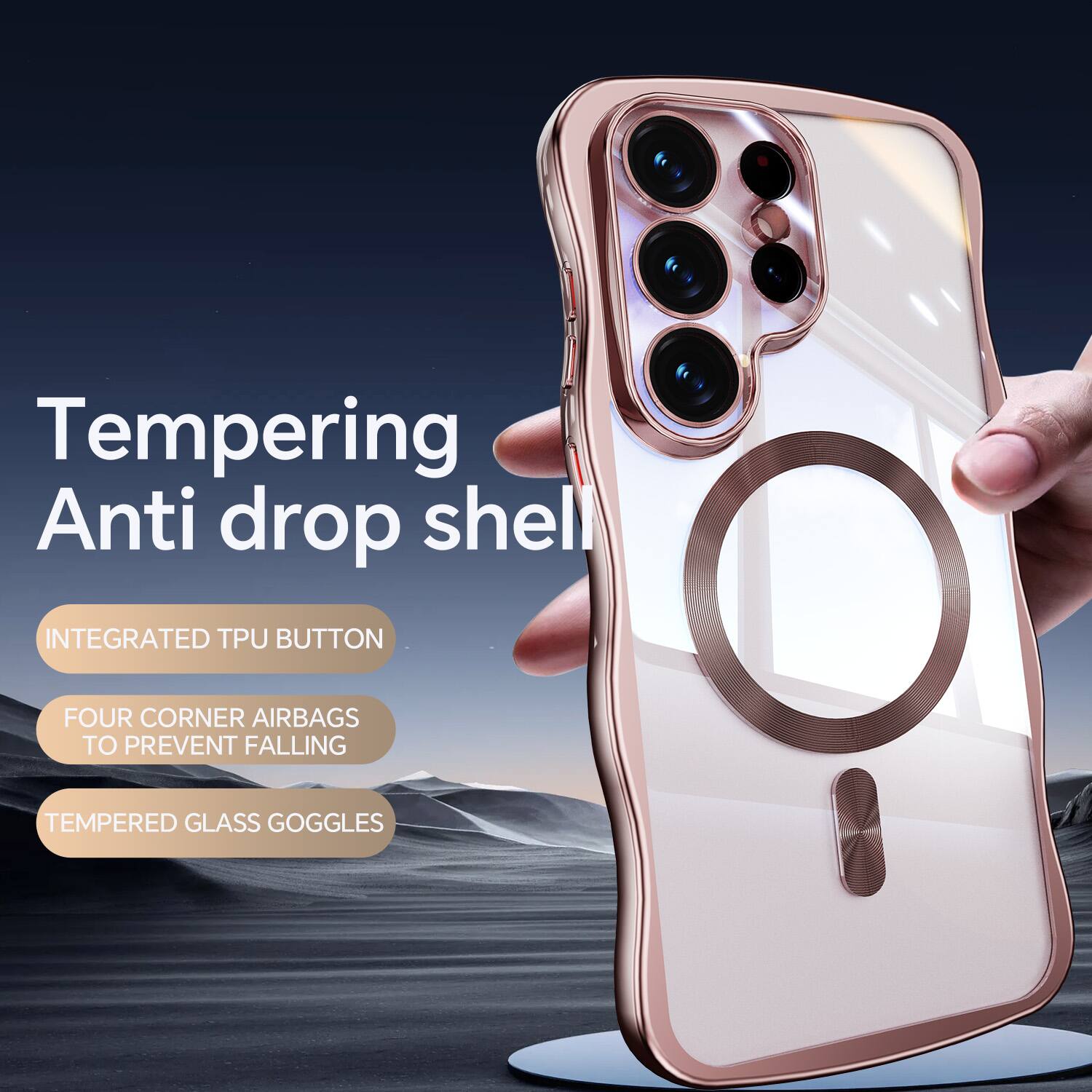 Tempering Anti drop shell  
INTEGRATED TPU BUTTON  
FOUR CORNER AIRBAGS TO PREVENT FALLING  
TEMPERED GLASS GOGGLES