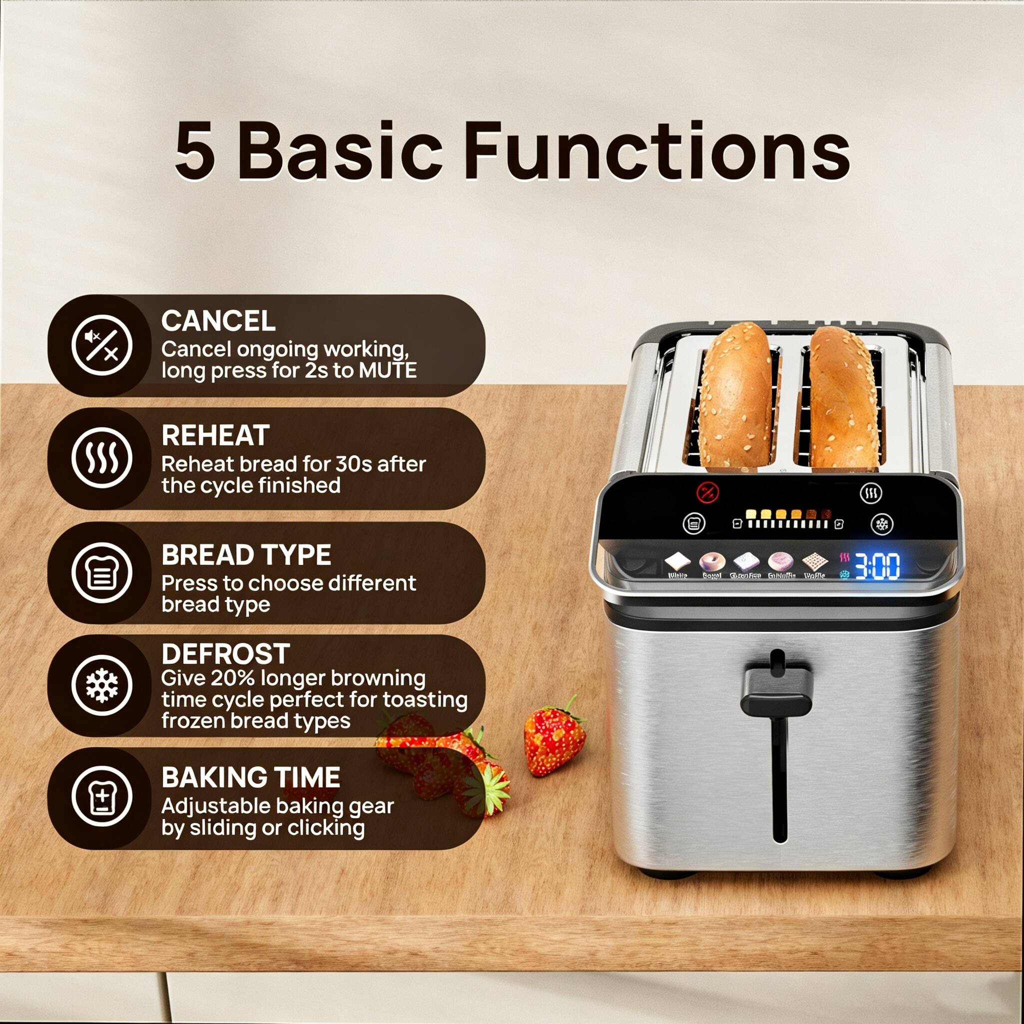 5 Basic Functions

CANCEL
Cancel ongoing working, long press for 2s to MUTE

REHEAT
Reheat bread for 30s after the cycle finished

BREAD TYPE
Press to choose different bread type

DEFROST
Give 20% longer browning time cycle perfect for toasting frozen bread types

BAKING TIME
Adjustable baking gear by sliding or clicking