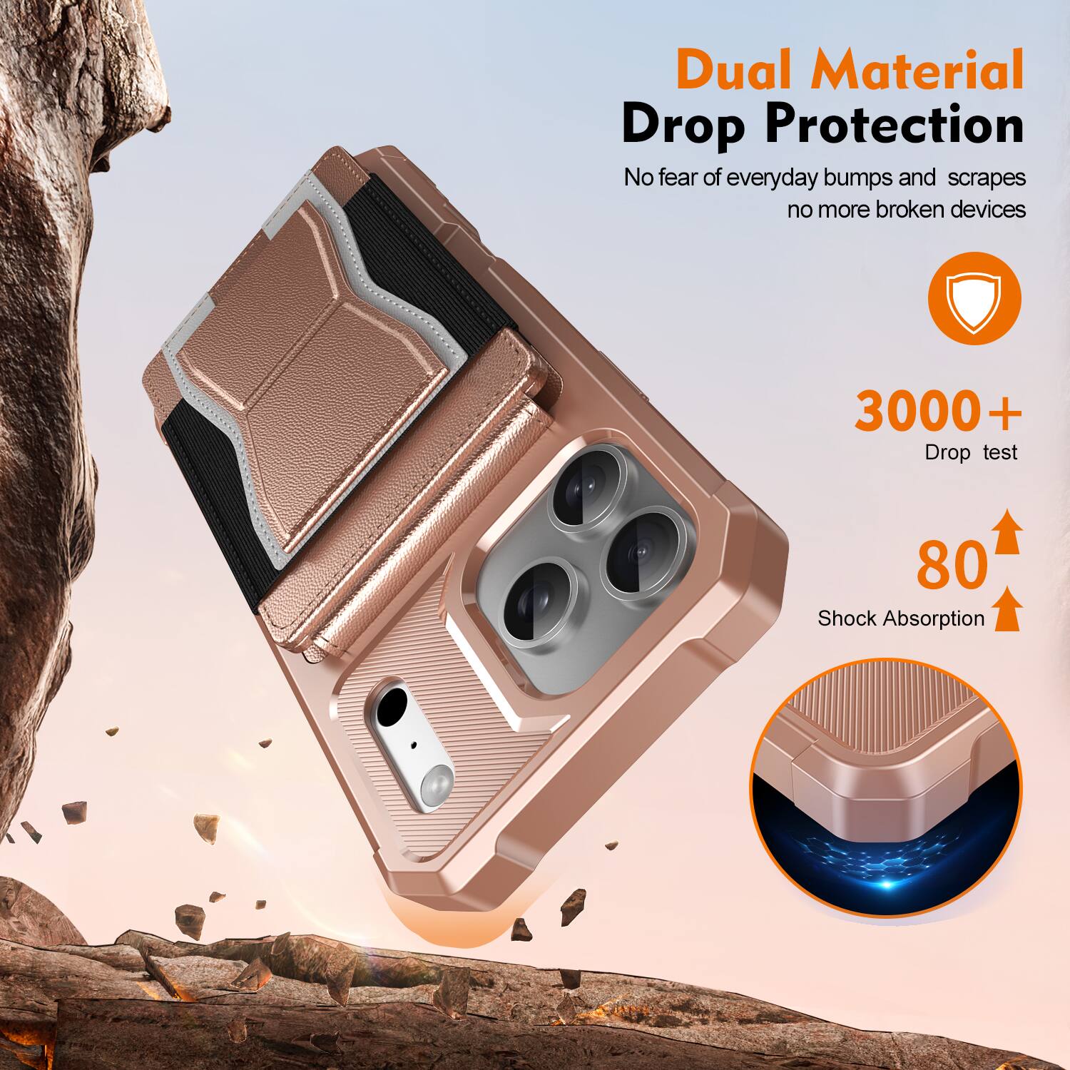 Dual Material Drop Protection  
No fear of everyday bumps and scrapes, no more broken devices  

3000+ Drop test  
80 Shock Absorption