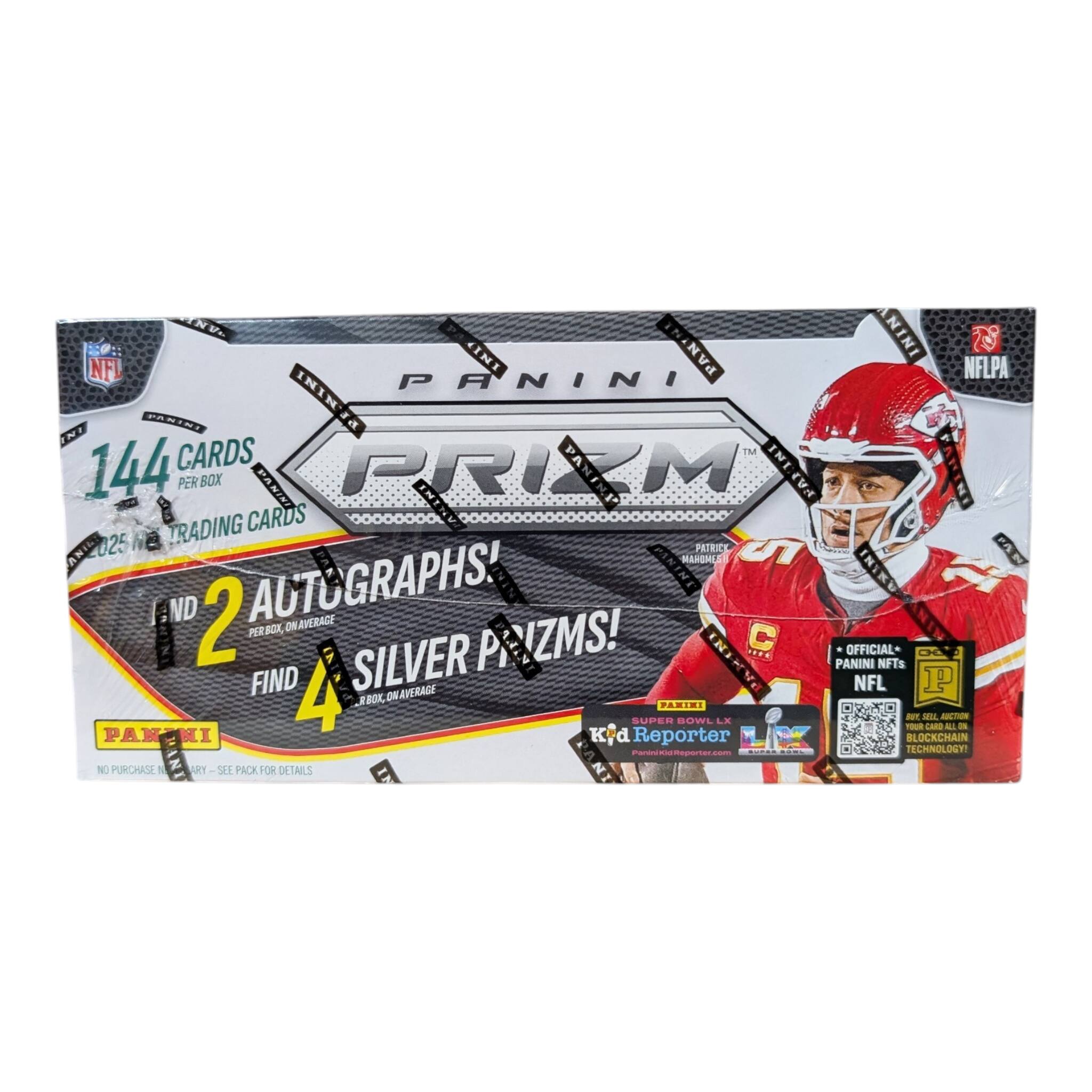 Panini Prizm  
144 Cards Per Box  
2 Autographs Per Box, On Average  
4 Silver Prizms Per Box, On Average  
Panini Official NFTs  
No Purchase Necessary - See Pack for Details  
NFLPA  
Super Bowl LVI  
kdReporter.com  
Blockchain Technology
