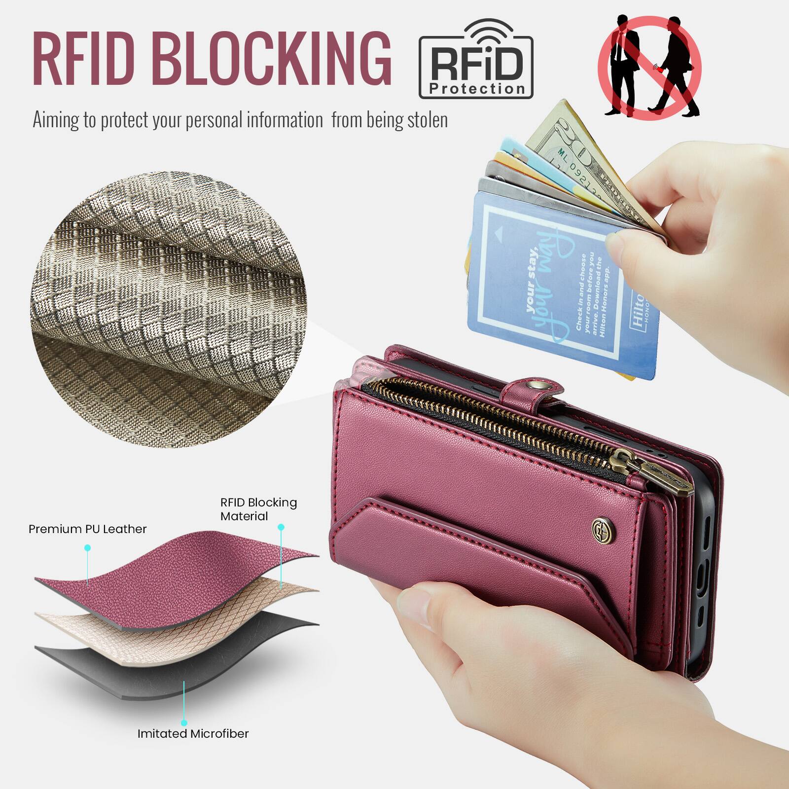 RFID BLOCKING  
Aiming to protect your personal information from being stolen  

RFiD Protection  

Premium PU Leather  
RFID Blocking Material  
Imitated Microfiber