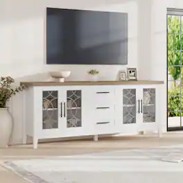 Babevy - 63" Farmhouse TV Stand for 70" TVs, Rustic Entertainment Center with Glass Doors, 2 Cabinets & 3 Drawers - White