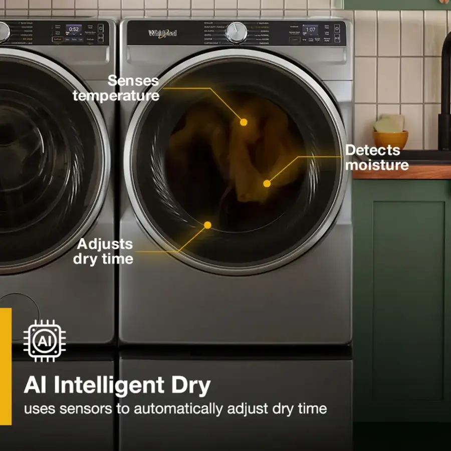 The text on the image reads: "AI Intelligent Dry uses sensors to automatically adjust dry time."