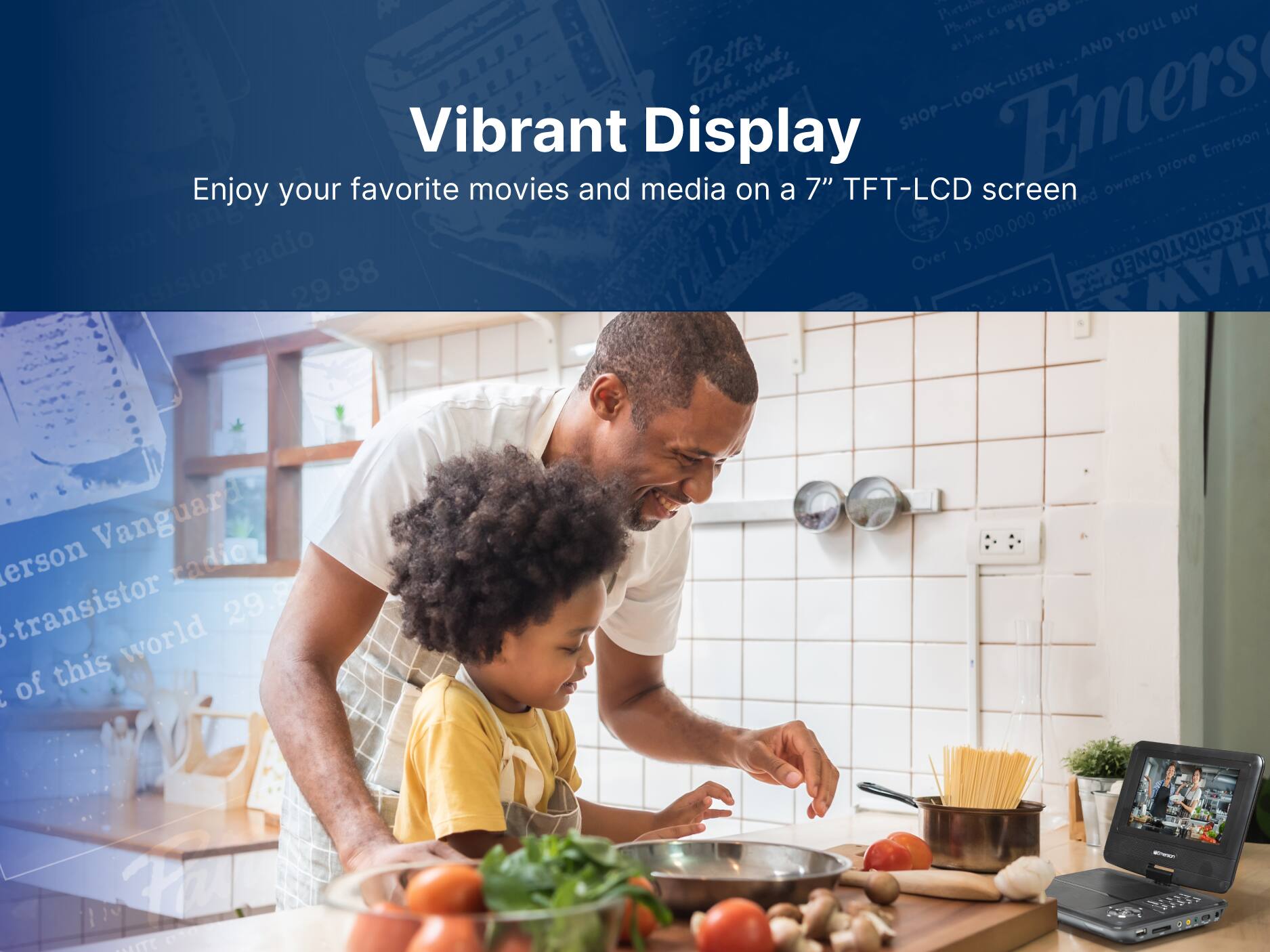 Vibrant Display
Enjoy your favorite movies and media on a 7" TFT-LCD screen