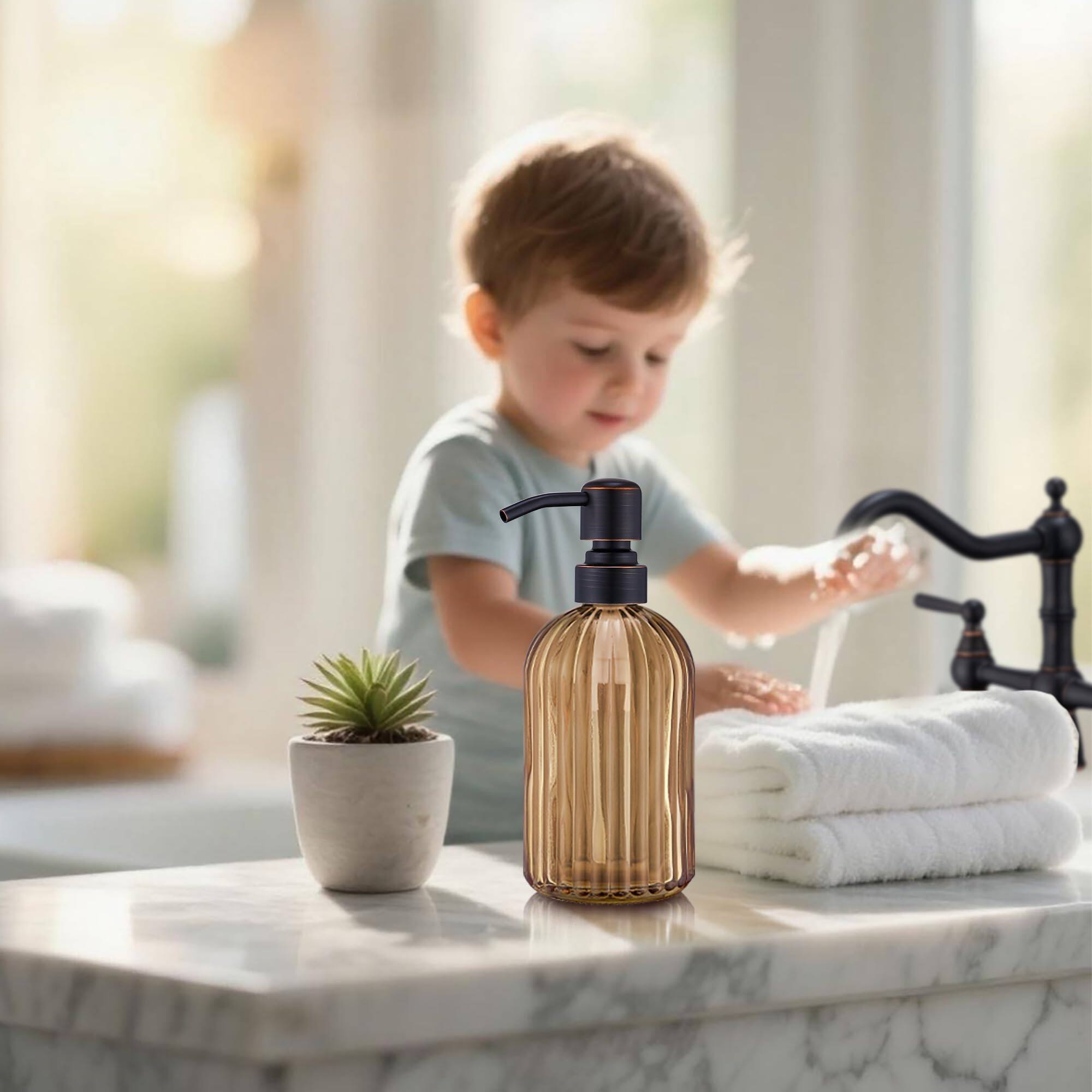 Alt View 2. Dapper Styles - Glass Soap Dispenser Stripe Bathroom Hand Dispensers With Stainless Pump Kitchen Oil Rubbed - Brushed Gold + Amber-1-Pack.