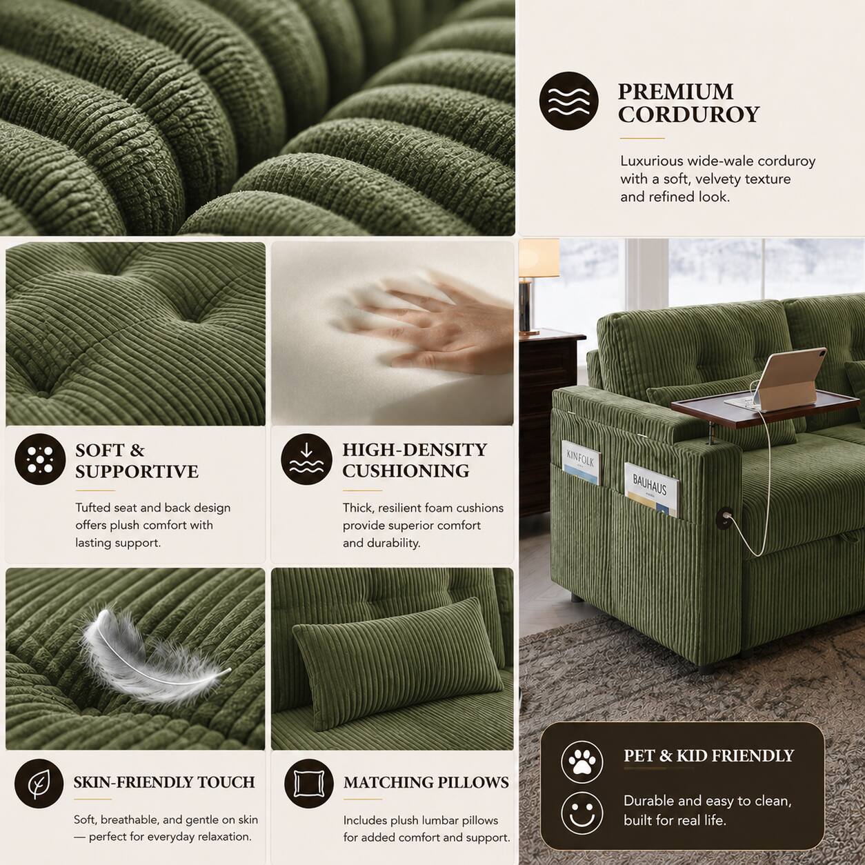 PREMIUM CORDUROY  
Luxurious wide-wale corduroy with a soft, velvety texture and refined look.  

SOFT & SUPPORTIVE  
Tufted seat and back design offers plush comfort with lasting support.  

HIGH-DENSITY CUSHIONING  
Thick, resilient foam cushions provide superior comfort and durability.  

SKIN-FRIENDLY TOUCH  
Soft, breathable, and gentle on skin - perfect for everyday relaxation.  

MATCHING PILLOWS  
Includes plush lumbar pillows for added comfort and support.  

PET & KID FRIENDLY  
Durable and easy to clean, built for real life.