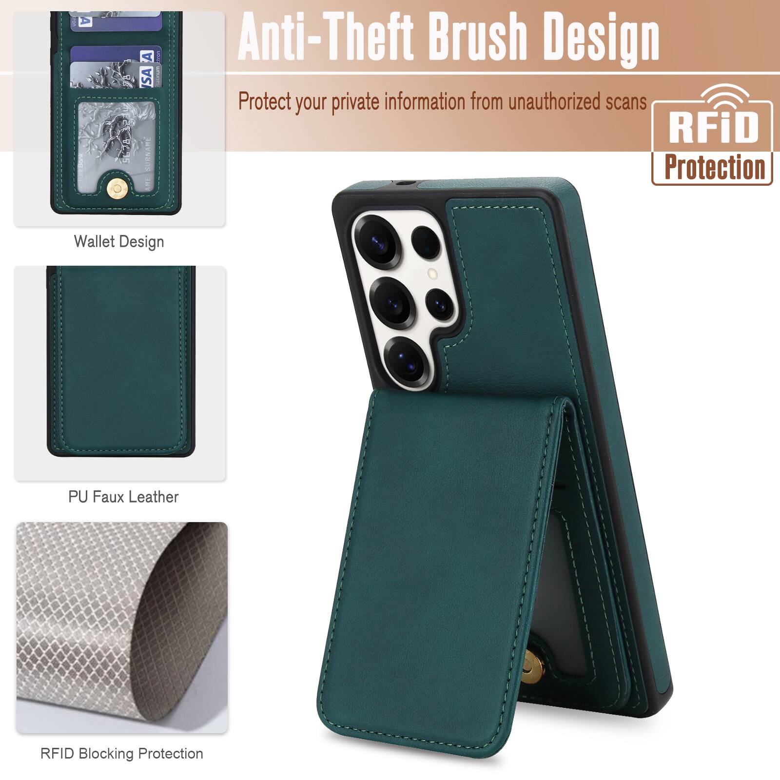 Anti-Theft Brush Design  
Protect your private information from unauthorized scans  
RFiD Protection  

Wallet Design  
PU Faux Leather  
RFID Blocking Protection