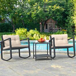 Gymax - 3PCS Rattan Rocking Chair Table Set Patio Furniture Set w/ Cushions - as pic