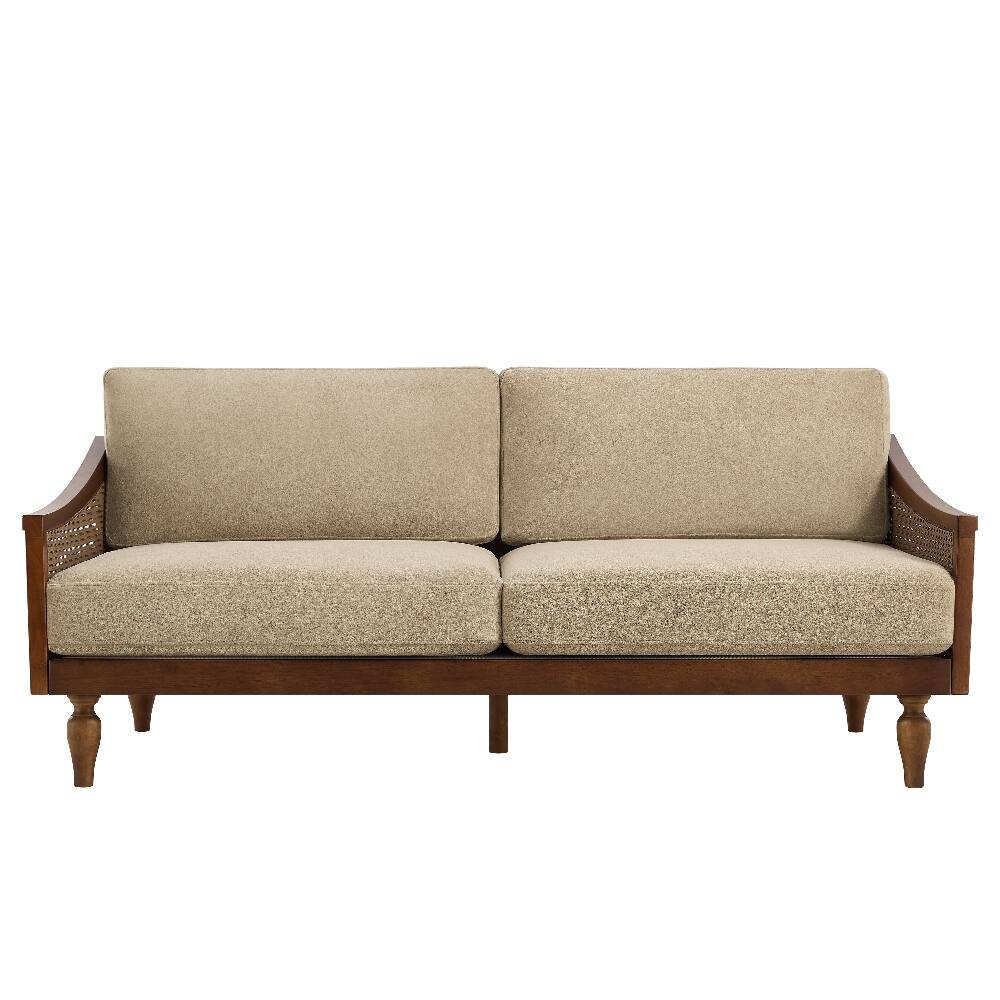Alt View 2. Loheer - Loheer 70.9 Inch Mid-Century 3-Seater Sofa Light Brown Chenille Couch with Rattan Armrests - Light Brown.