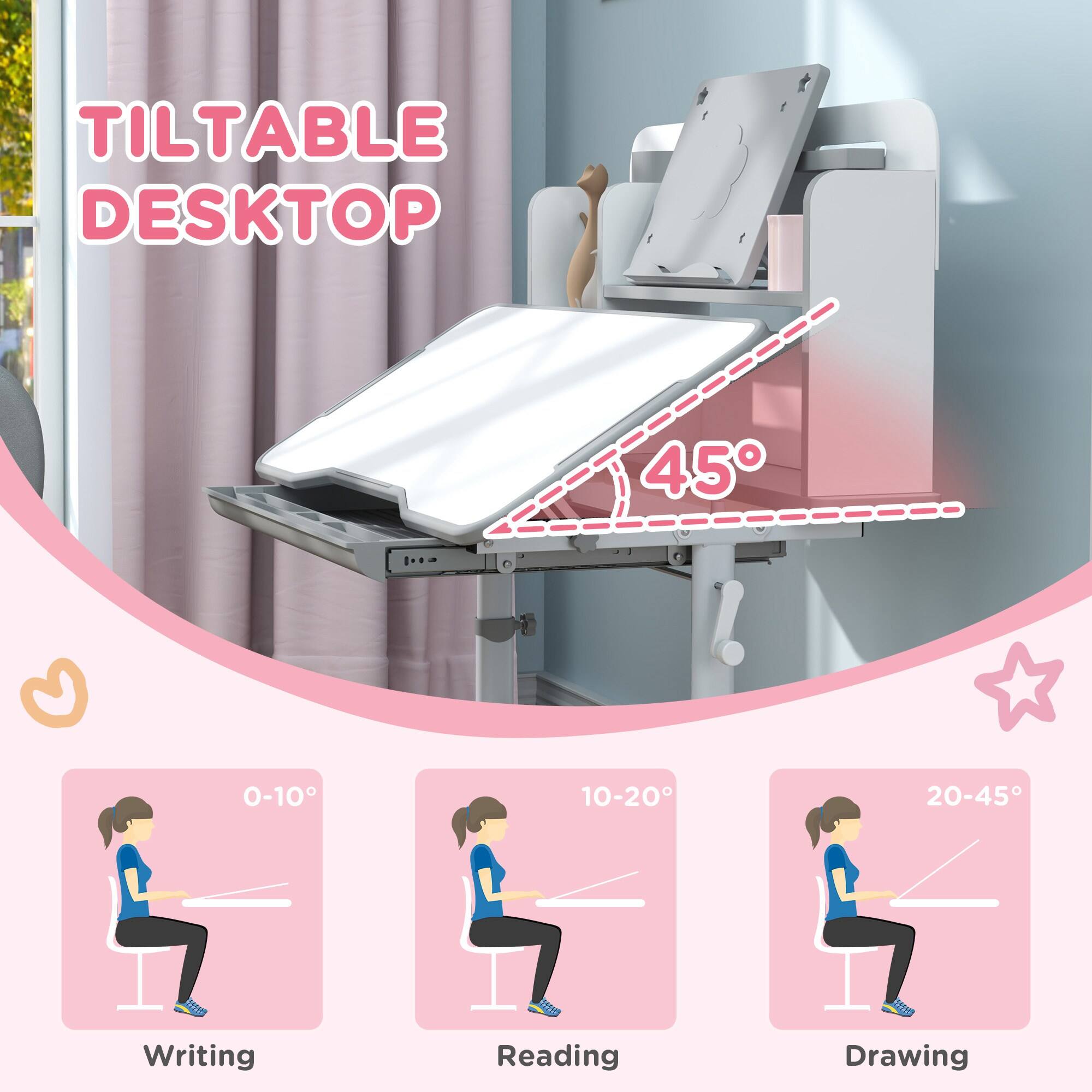 TILTABLE DESKTOP

45°

0-10° Writing  
10-20° Reading  
20-45° Drawing