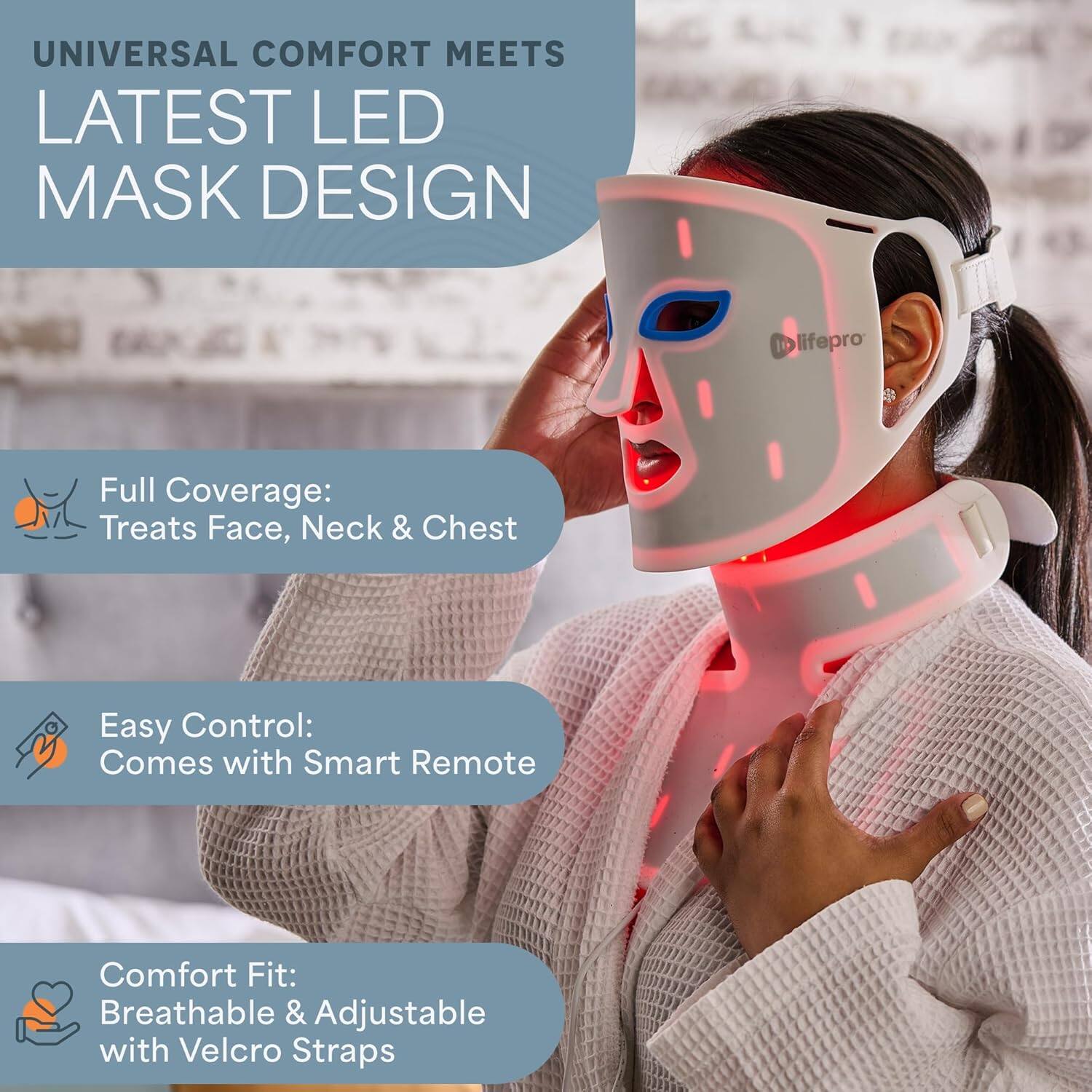 UNIVERSAL COMFORT MEETS LATEST LED MASK DESIGN

- Full Coverage: Treats Face, Neck & Chest
- Easy Control: Comes with Smart Remote
- Comfort Fit: Breathable & Adjustable with Velcro Straps