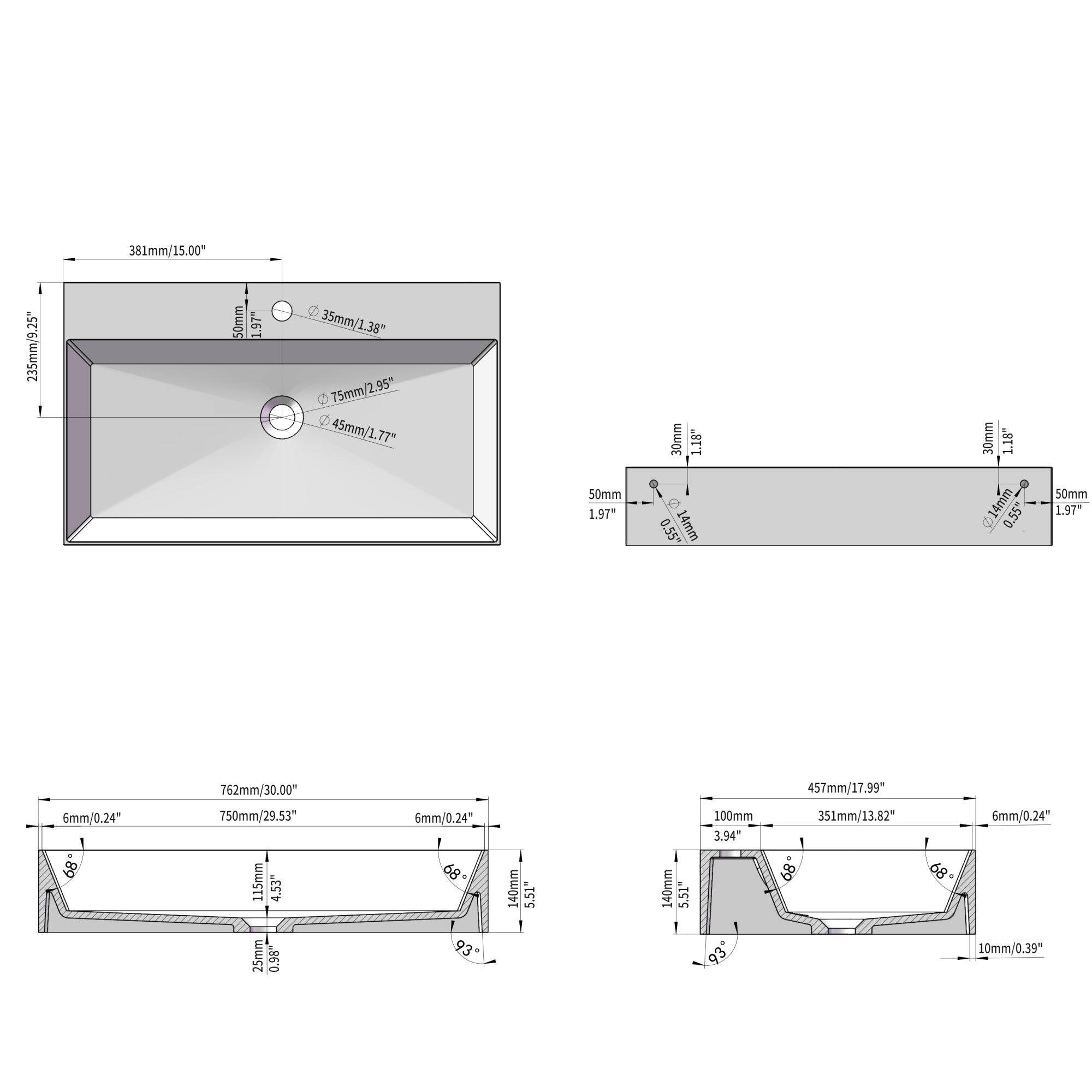381mm/15.00"  
235mm/9.25"  
50mm 1.97  
35mm/1.38"  
75mm/2.95"  
45mm/1.77"  
50mm 1.97  
30mm 1.18  
0.55"  
14mm 30mm 1.18"  
14mm 0.55"  
50mm 1.97"  
762mm/30.00"  
457mm/17.99"  
6mm/0.24"  
750mm/29.53"  
115mm 4.53  
25mm 0.98  
6mm/0.24"  
68  
93  
140mm 5.51"  
140mm 5.51  
100mm 3.94"  
351mm/13.82"  
6mm/0.24"  
10mm/