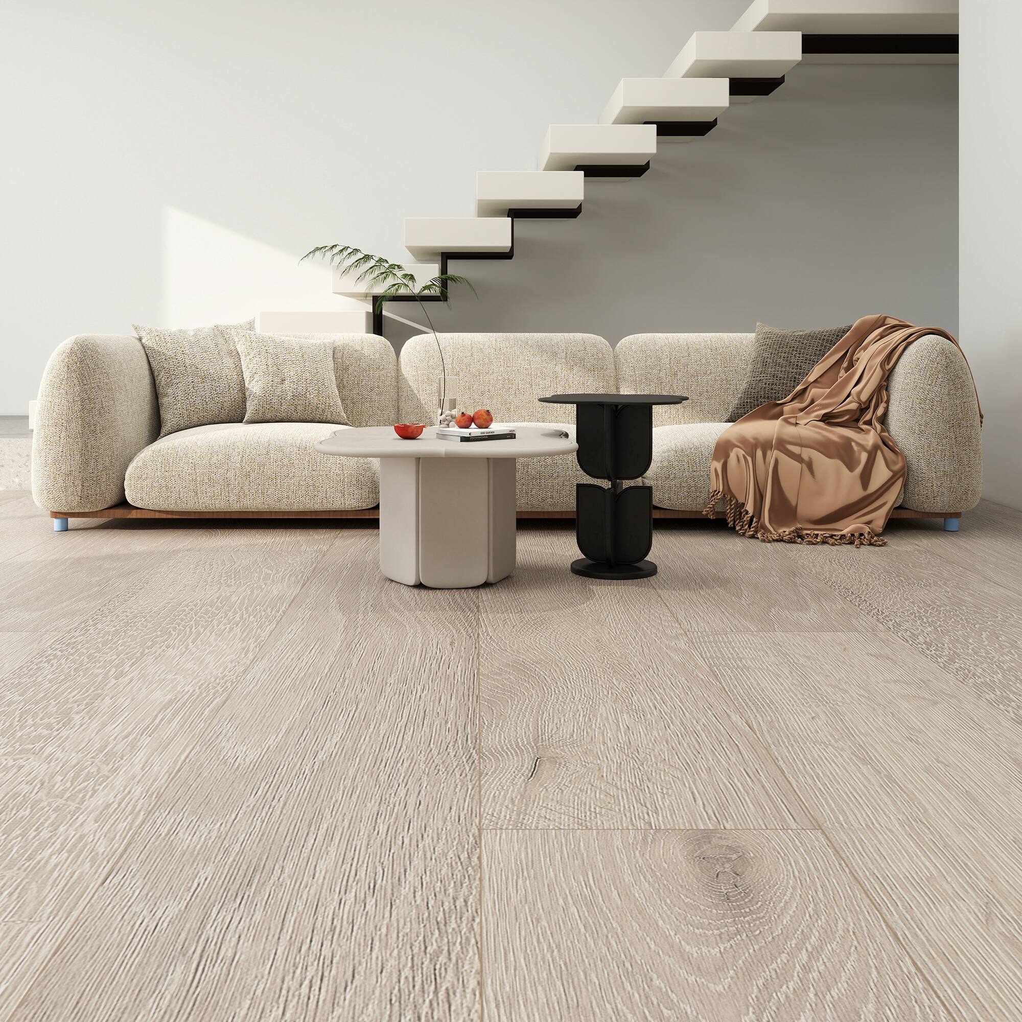 Angle. Dotfloor - Superoak PLUS Laminate Flooring - 72.7"x9.6" Planks, 6 Planks/Box (27.09 sq ft/Box), 12mm Thick, AC5 Wear Rating - Rustic Knot.