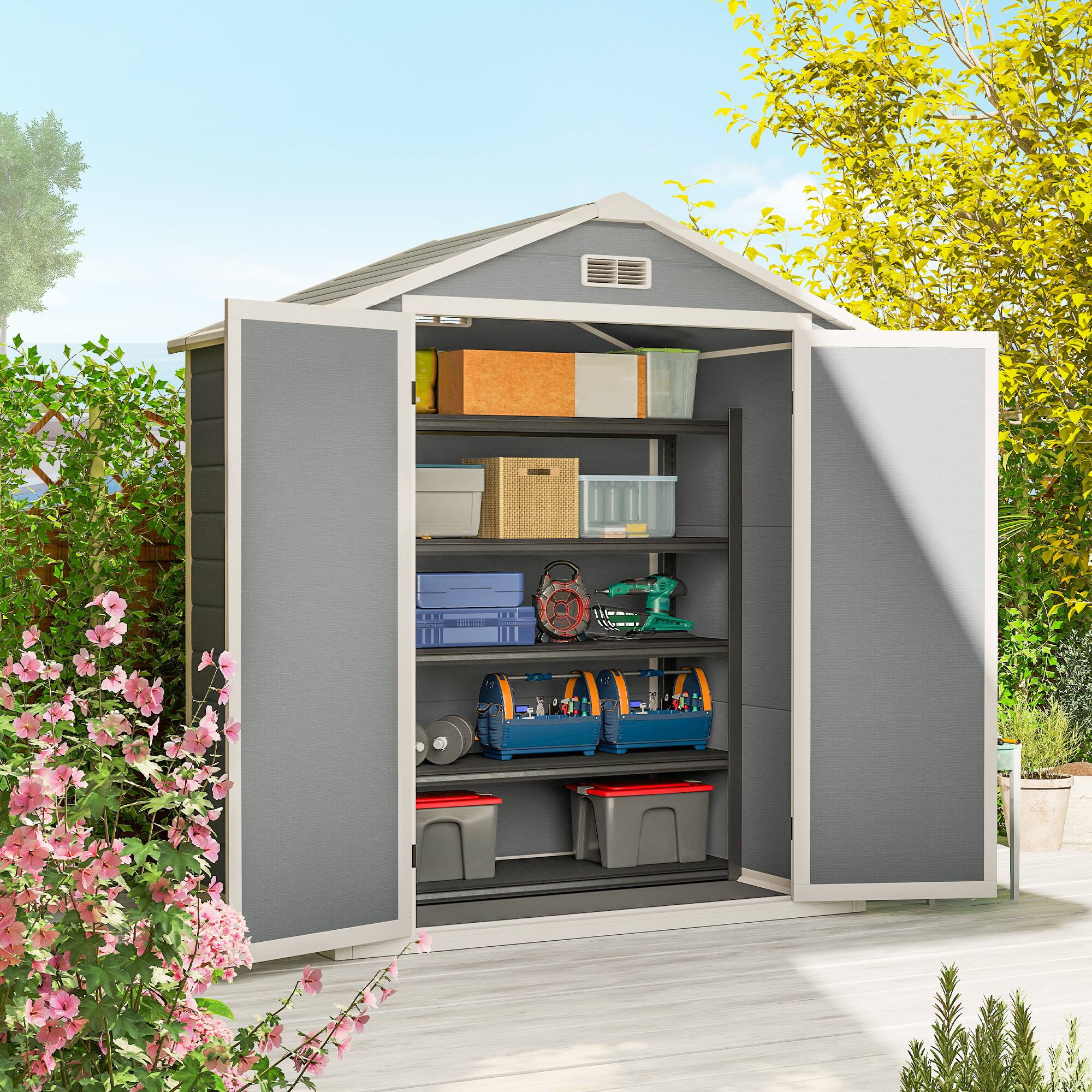 Alt View 1. Outsunny - Outdoor Storage Shed, 6' x 4.5' Garden Shed with Double Lockable Doors, Vent and Window - Gray.