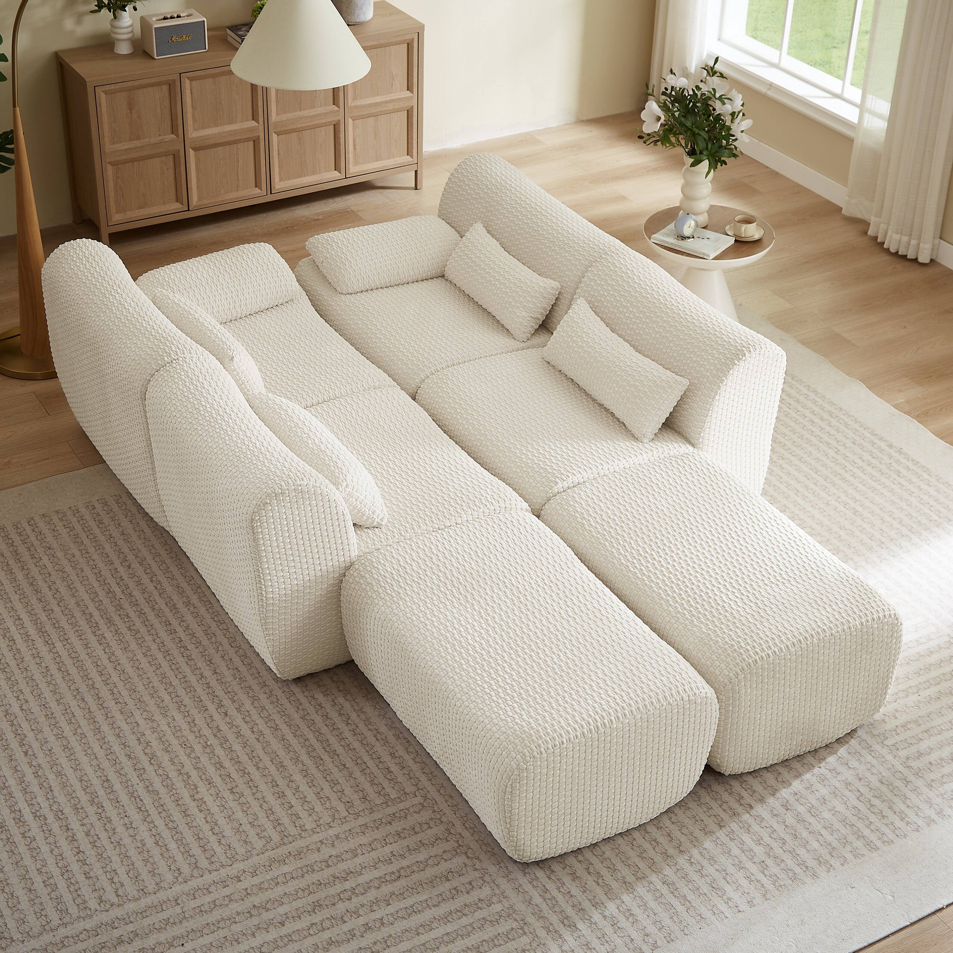 Alt View 6. Anysun - 6 Seat U-Shape Convertible Sectional Couch with Ottoman, Cloud Comfort Corduroy Fabric Sofa for Living Room - Cream.