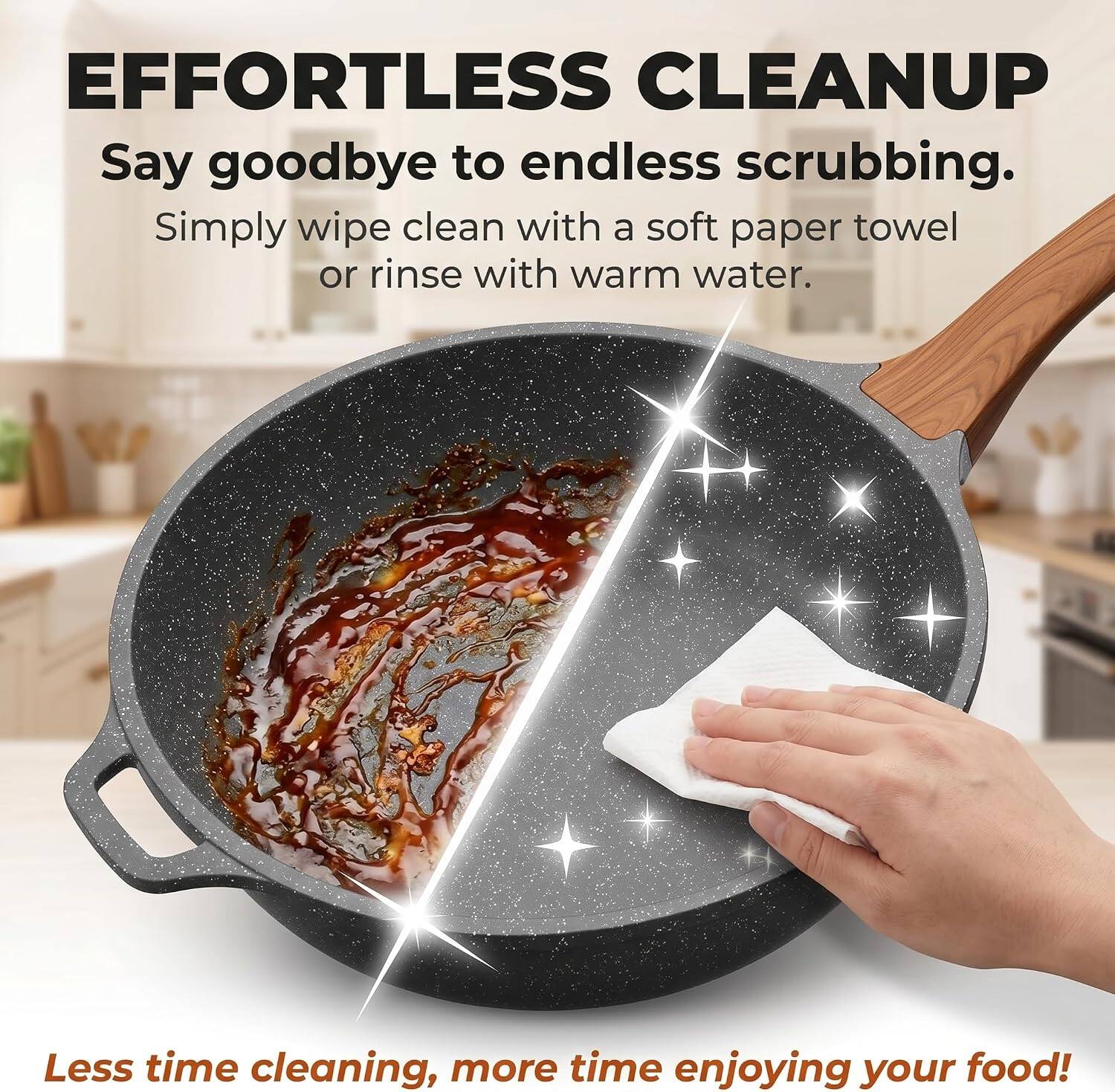 EFFORTLESS CLEANUP  
Say goodbye to endless scrubbing.  
Simply wipe clean with a soft paper towel or rinse with warm water.  
Less time cleaning, more time enjoying your food!